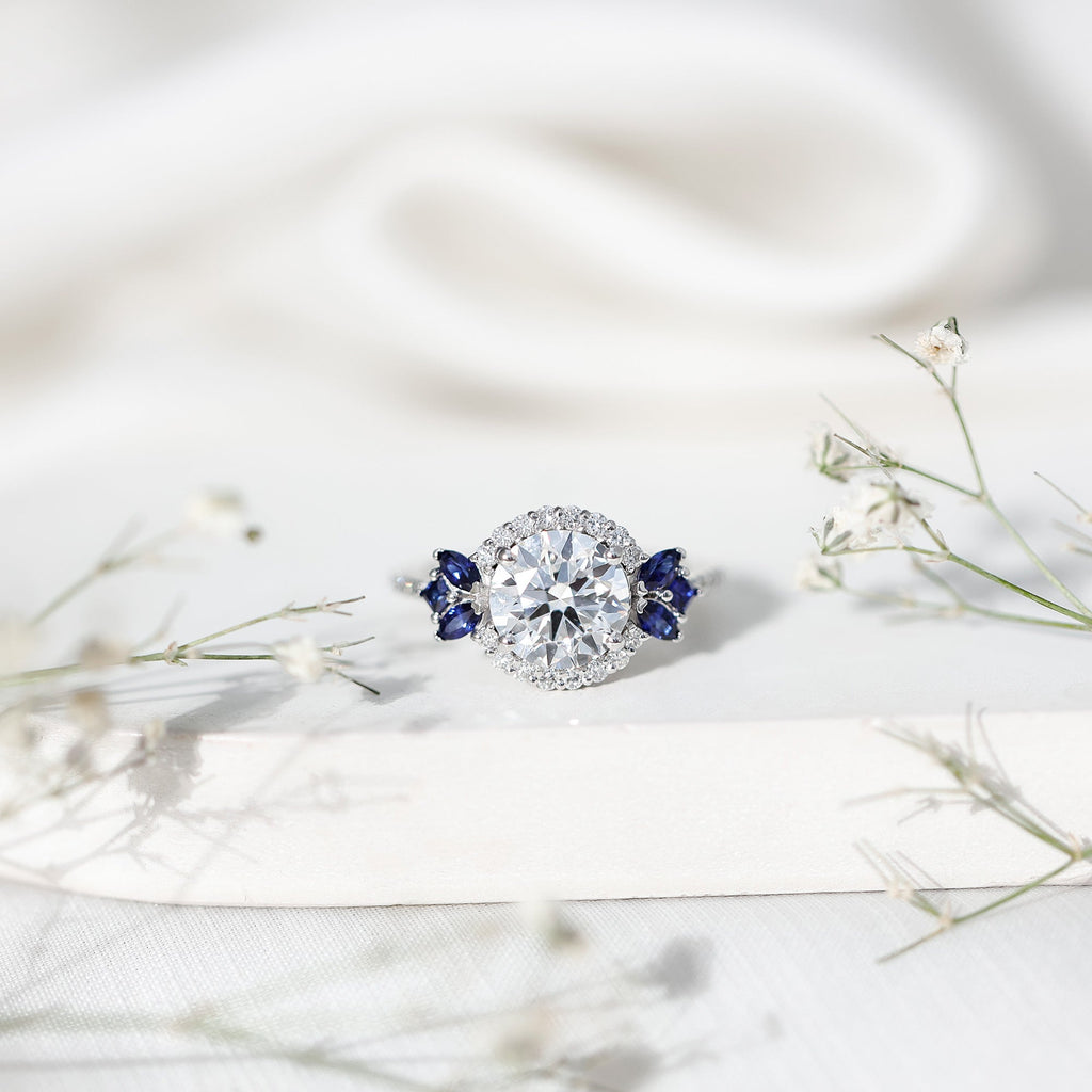3 Carat Lab Grown Diamond Halo Engagement Ring With Blue Sapphire