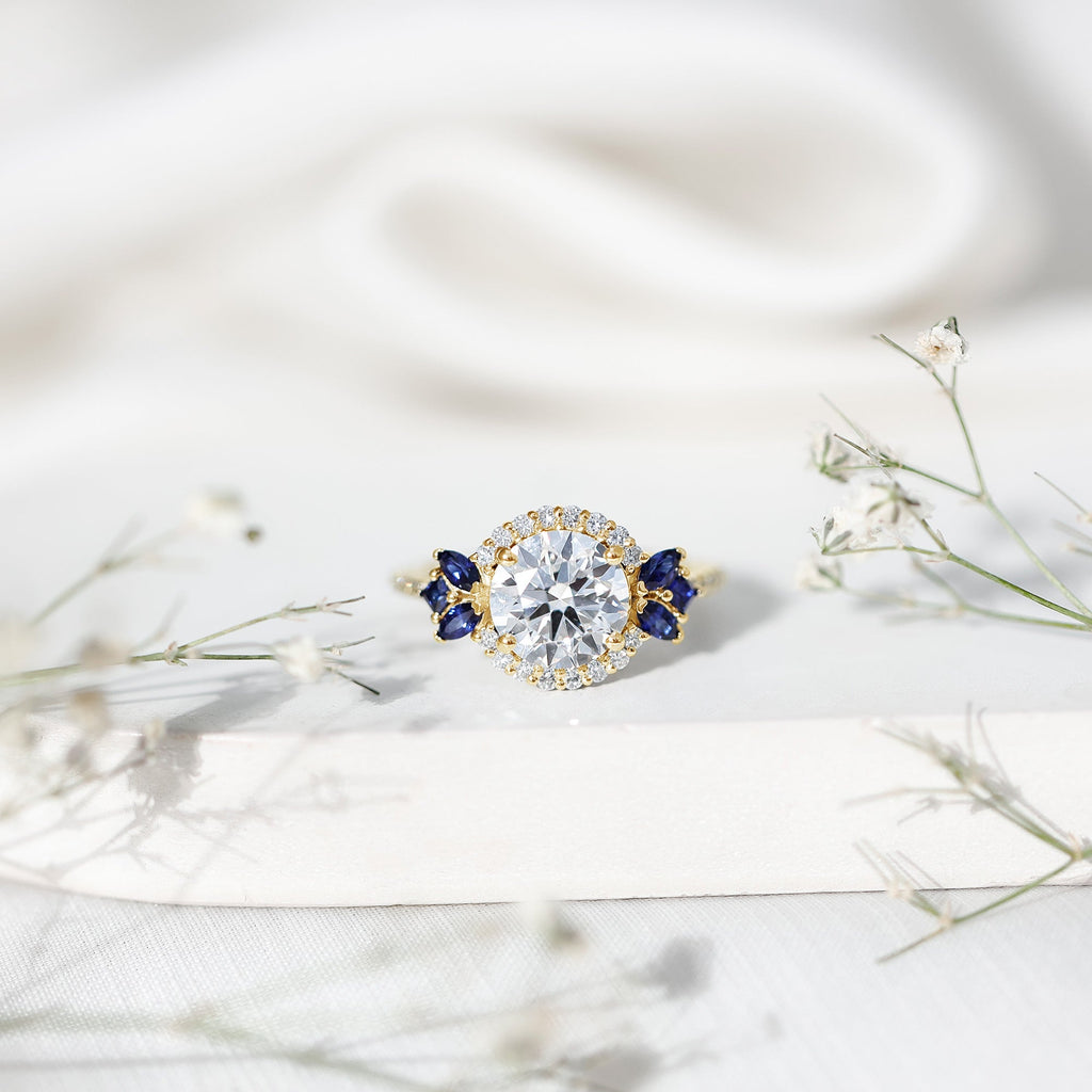 3 Carat Lab Grown Diamond Halo Engagement Ring With Blue Sapphire