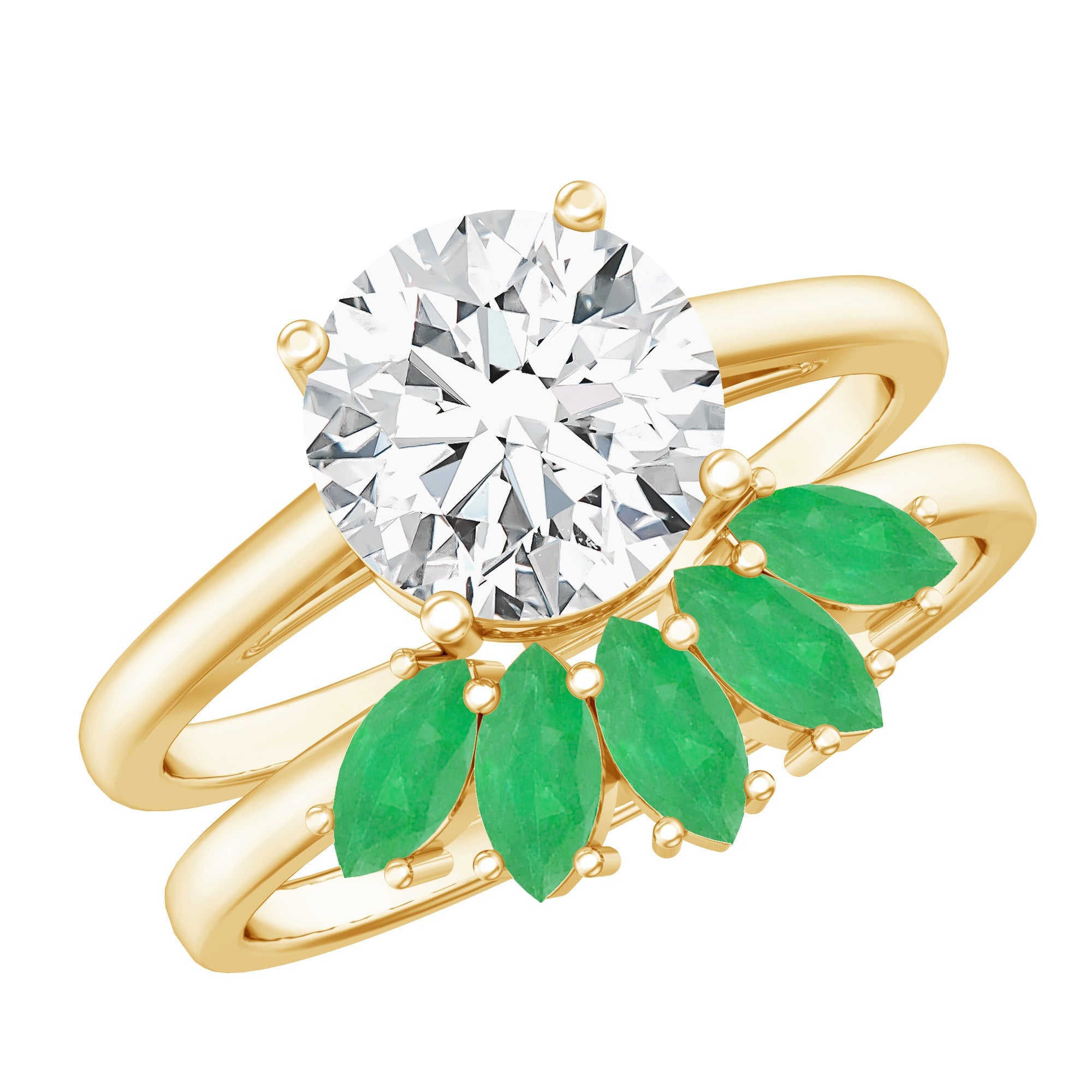 Lab Grown Diamond Ring – 2 Carat Solitaire Engagement Ring with Emerald Wedding Band