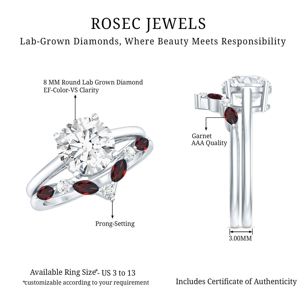 Lab Grown Diamond Ring - Certified 2 Carat Bridal Ring Set With Garnet Enhancer