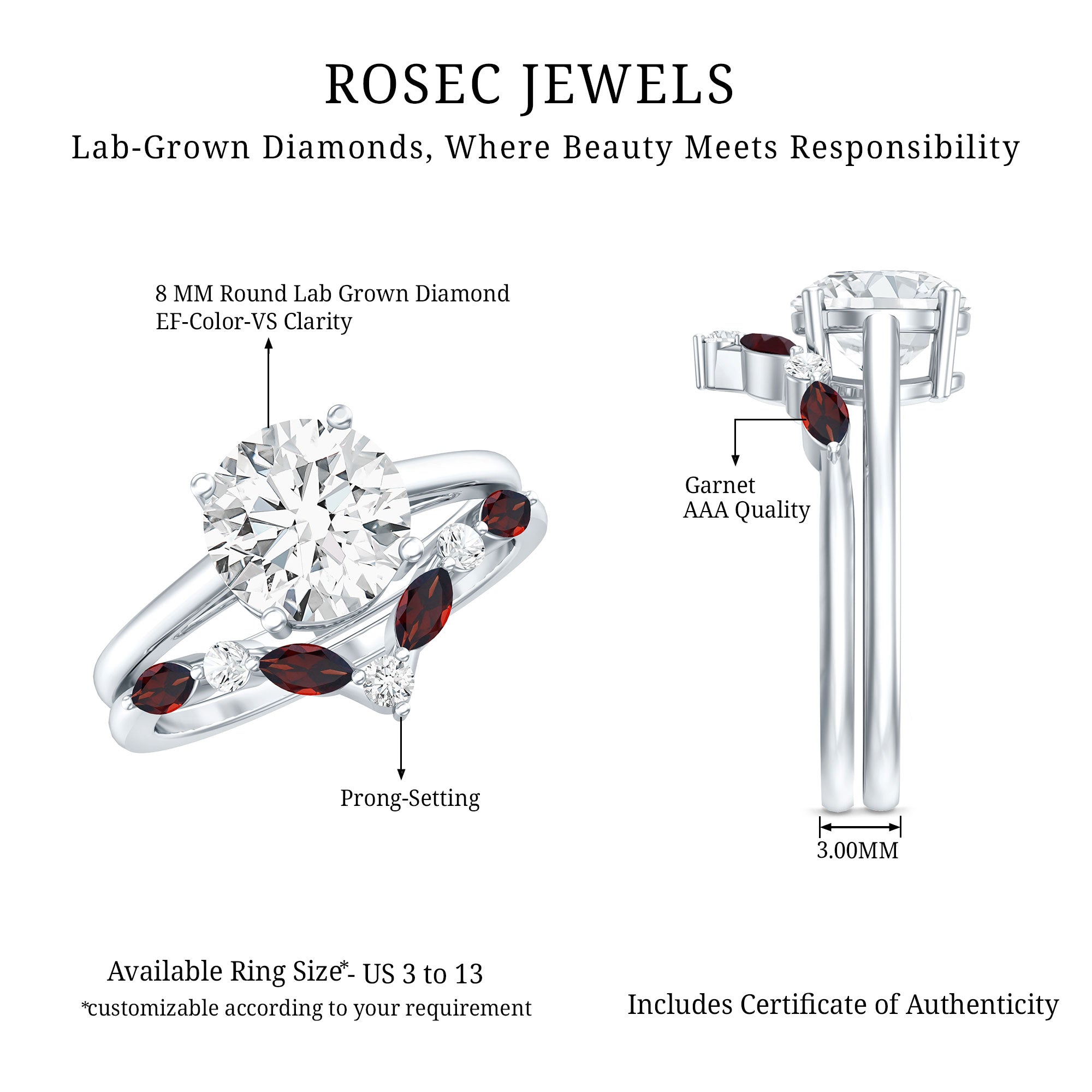 Lab Grown Diamond Ring - Certified 2 Carat Bridal Ring Set With Garnet Enhancer