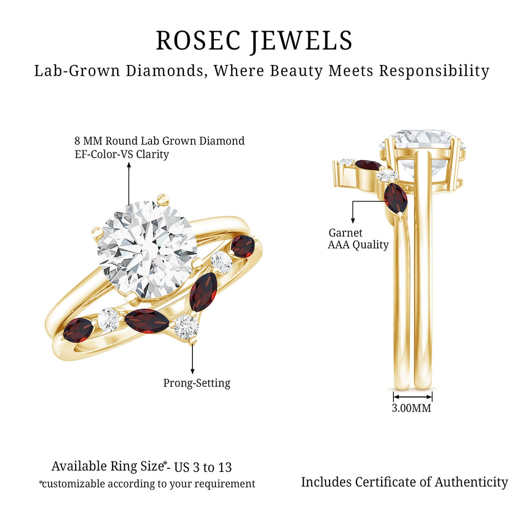 Lab Grown Diamond Ring - Certified 2 Carat Bridal Ring Set With Garnet Enhancer