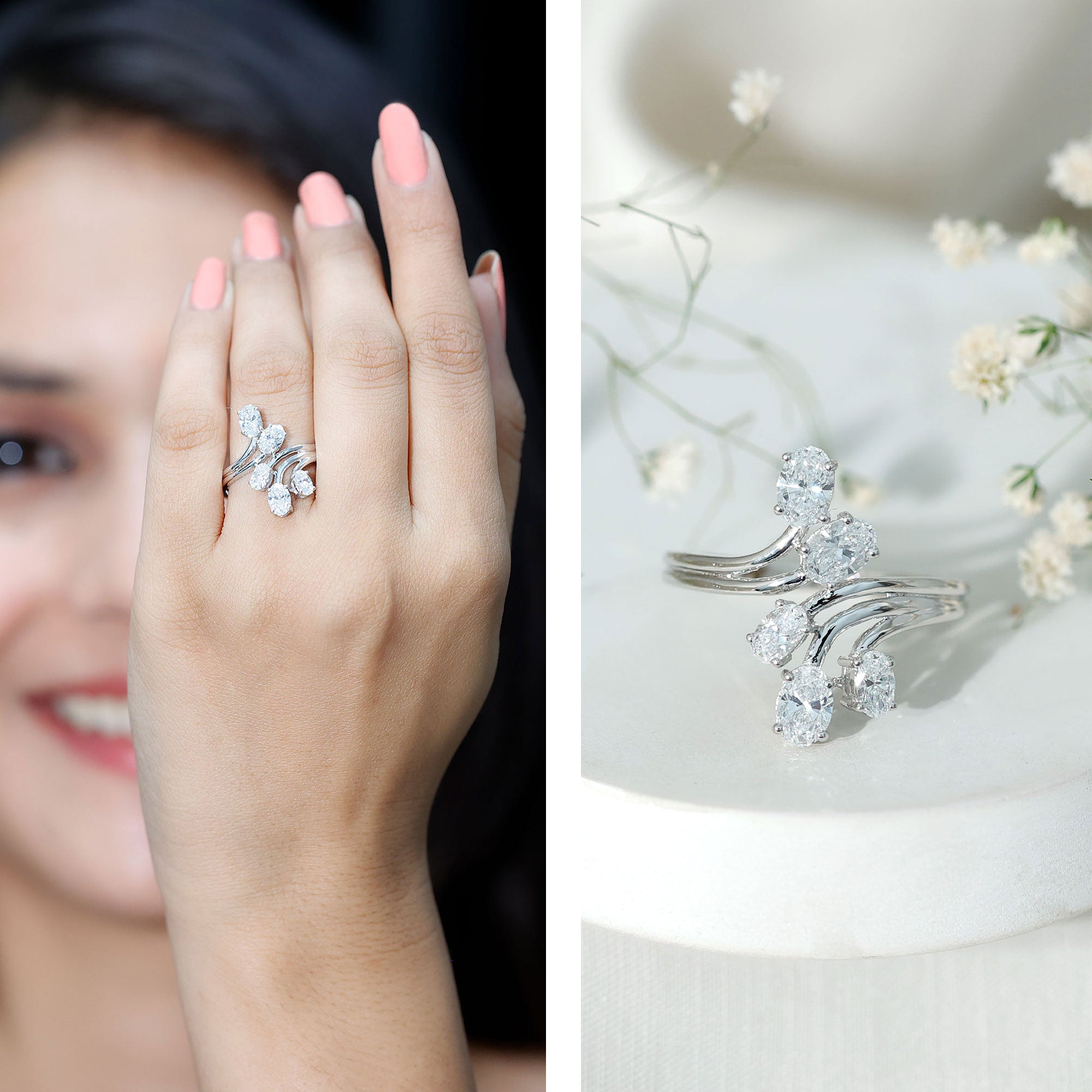 Certified Oval Lab Grown Diamond Designer Cocktail Ring