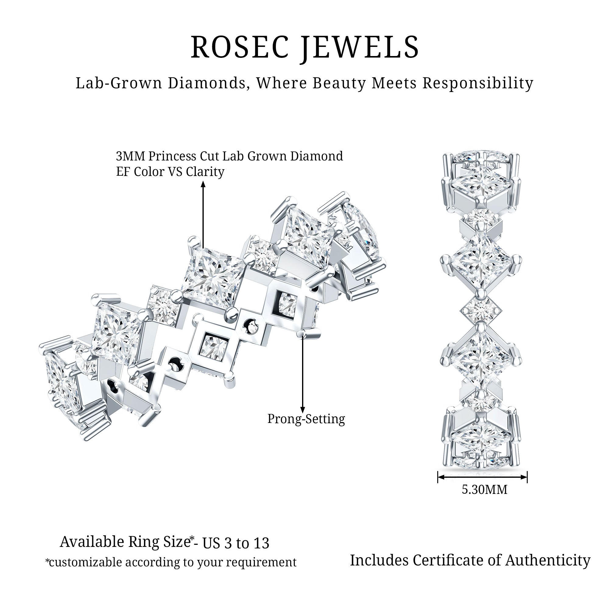 Certified Princess Cut Lab Grown Diamond Eternity Wedding Ring