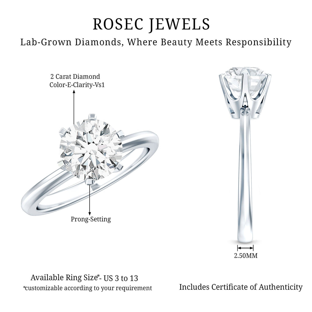 Lab Grown Diamond Ring – 2 Carat Round Cut Solitaire Engagement Ring for Women