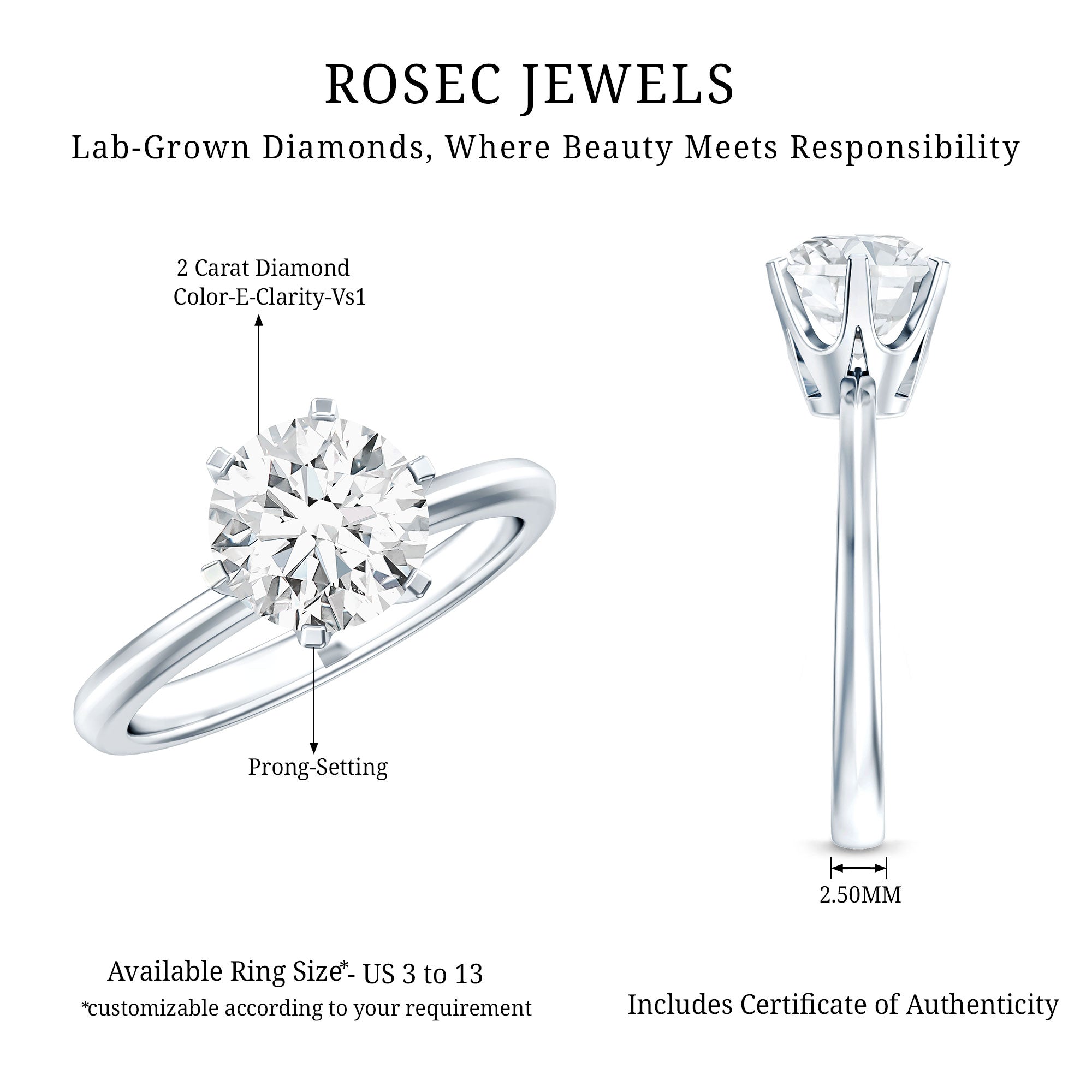 Lab Grown Diamond Ring – 2 Carat Round Cut Solitaire Engagement Ring for Women