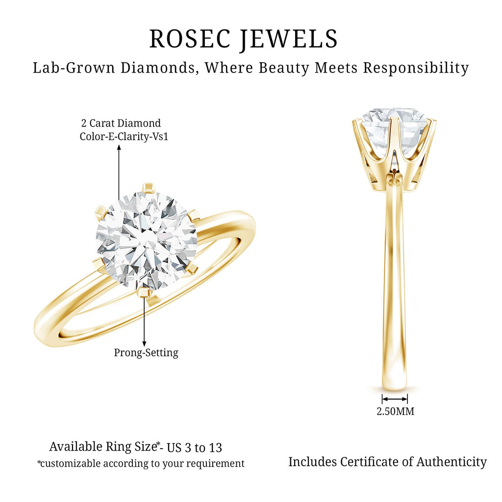 Lab Grown Diamond Ring – 2 Carat Round Cut Solitaire Engagement Ring for Women