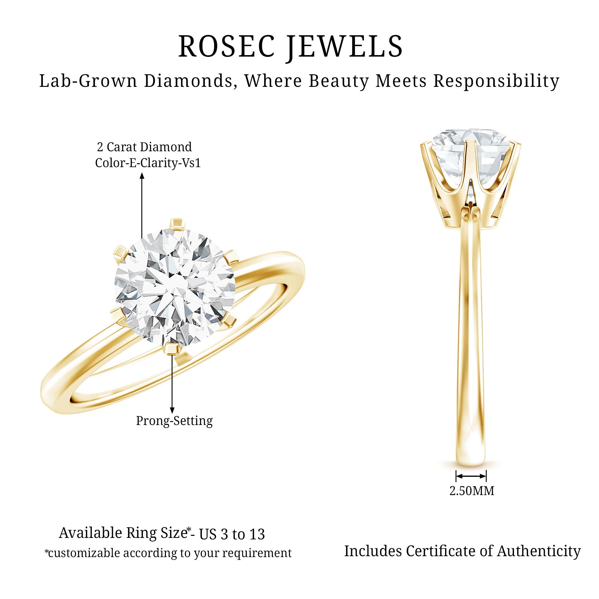 Lab Grown Diamond Ring – 2 Carat Round Cut Solitaire Engagement Ring for Women