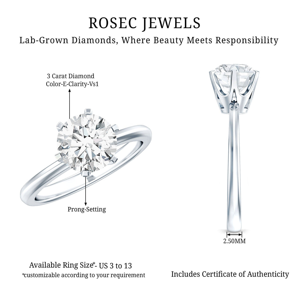 Lab Grown Diamond Ring - 3 Carat IGI Certified Round Cut Engagement Solitaire