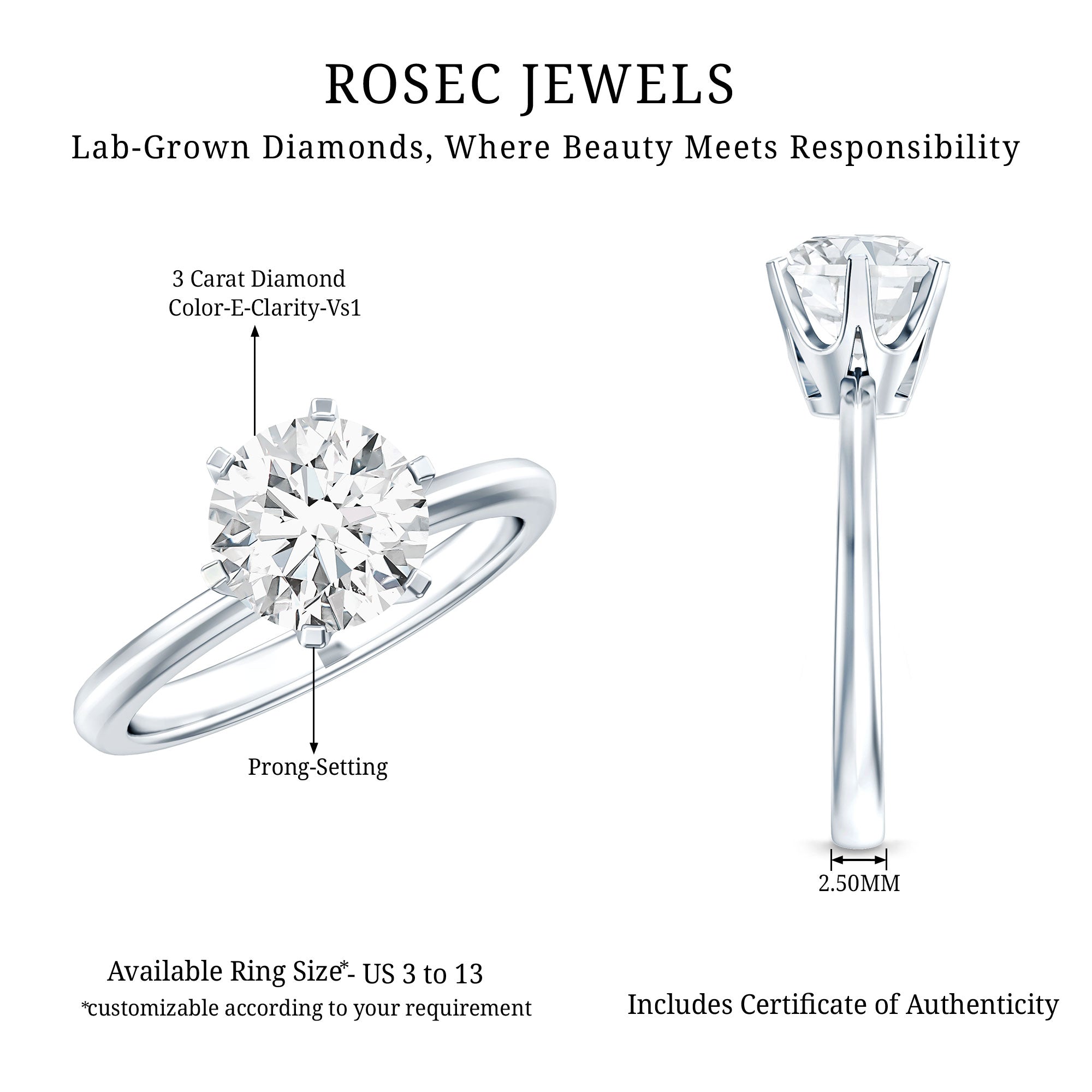 Lab Grown Diamond Ring - 3 Carat IGI Certified Round Cut Engagement Solitaire