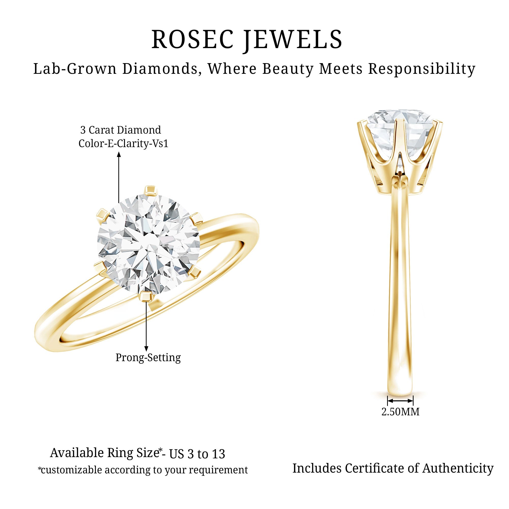 Lab Grown Diamond Ring - 3 Carat IGI Certified Round Cut Engagement Solitaire