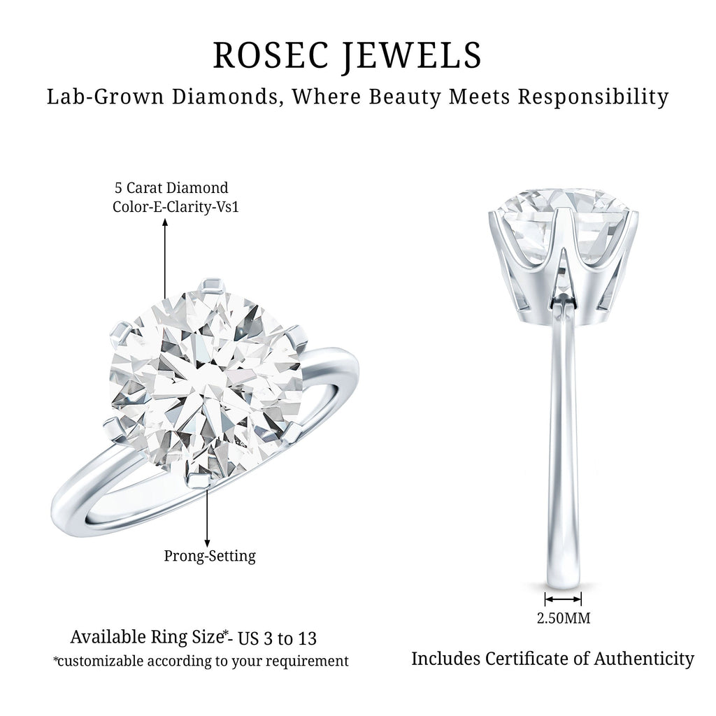 Lab Grown Diamond Ring – 5 Carat IGI Certified Round Cut Solitaire Engagement Ring