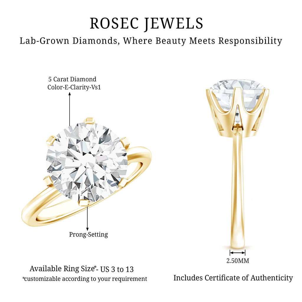 Lab Grown Diamond Ring – 5 Carat IGI Certified Round Cut Solitaire Engagement Ring