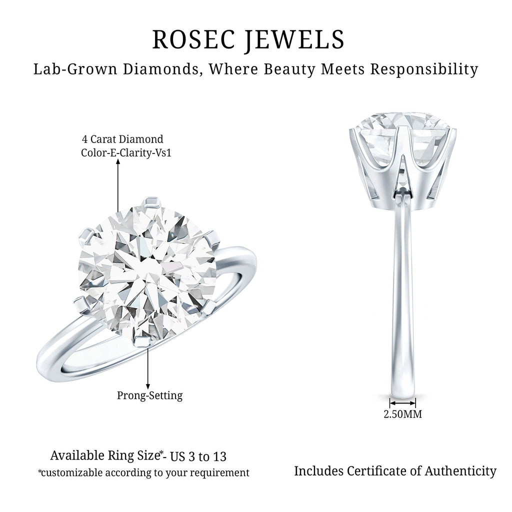 Lab Created Diamond Ring – 4 Carat Round Cut Solitaire Engagement Ring IGI Certified