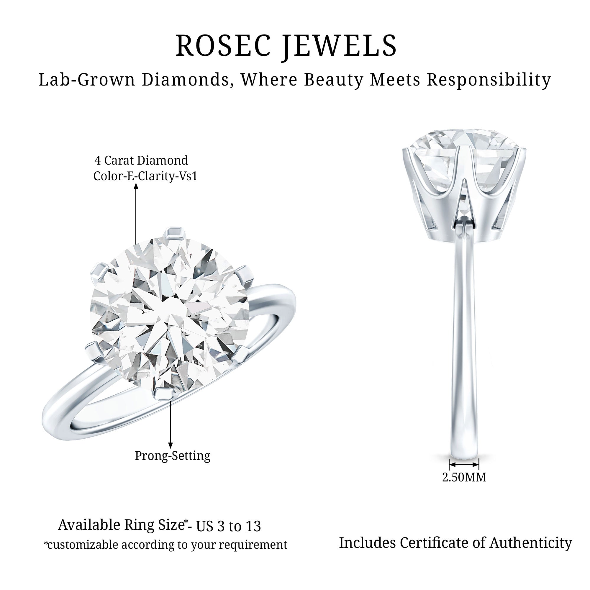 Lab Created Diamond Ring – 4 Carat Round Cut Solitaire Engagement Ring IGI Certified