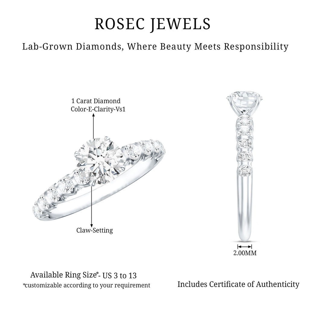 Lab Grown Diamond Ring - IGI Certified 1 Carat Round Side Stone Engagement Ring