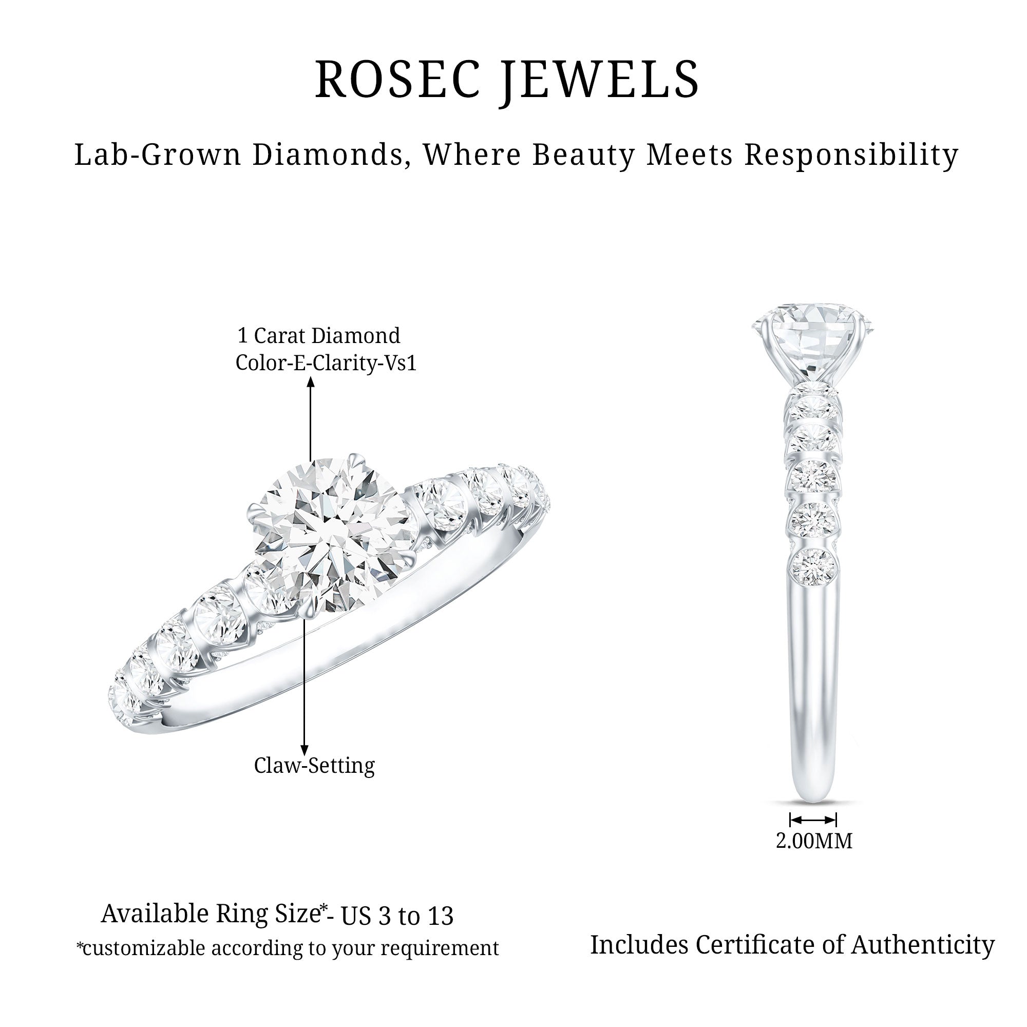 Lab Grown Diamond Ring - IGI Certified 1 Carat Round Side Stone Engagement Ring