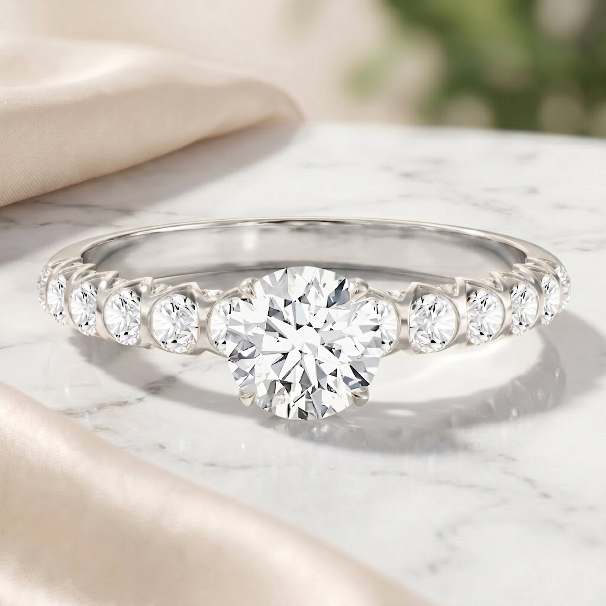 Lab Grown Diamond Ring - IGI Certified 1 Carat Round Side Stone Engagement Ring