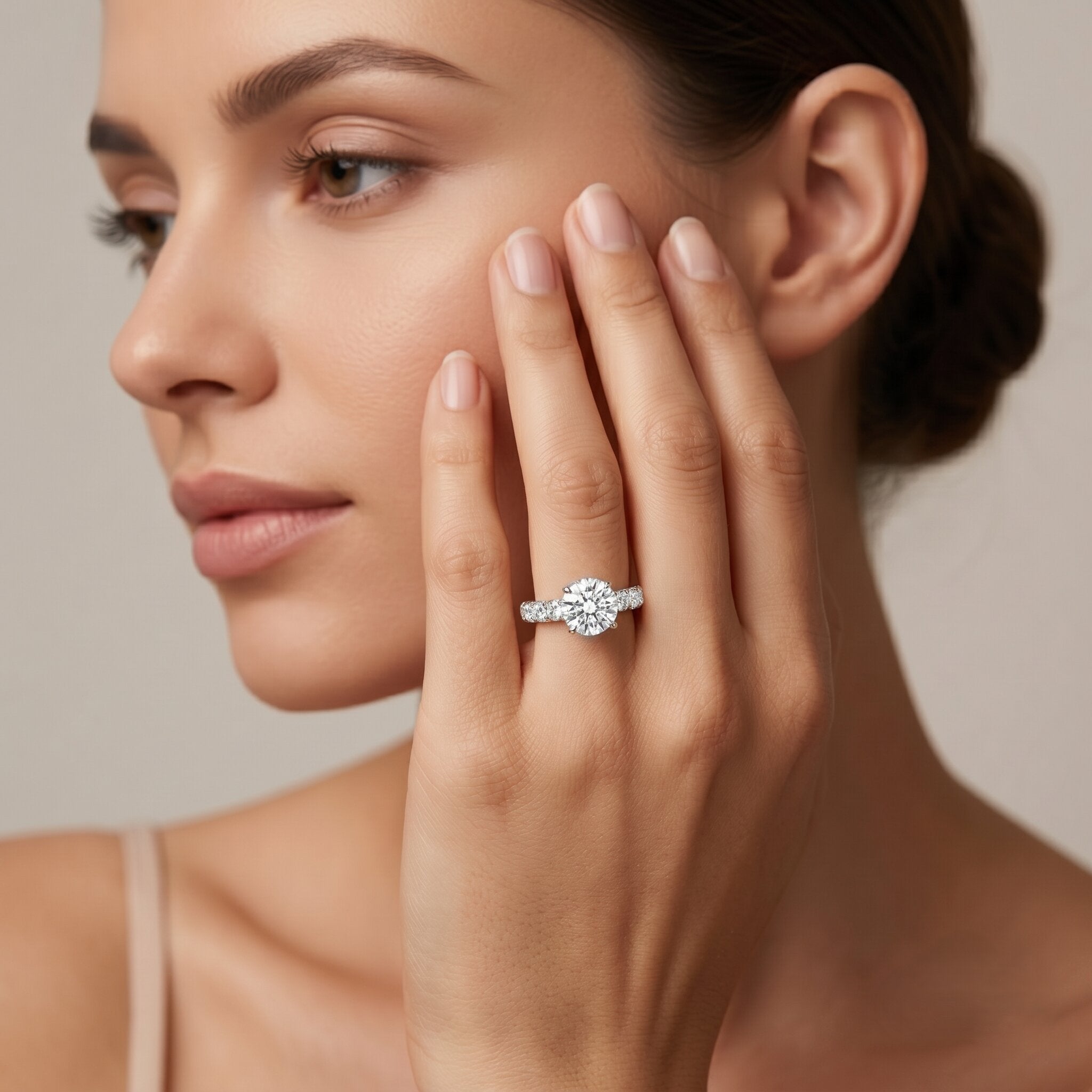 Lab Grown Diamond Ring - IGI Certified 1 Carat Round Side Stone Engagement Ring