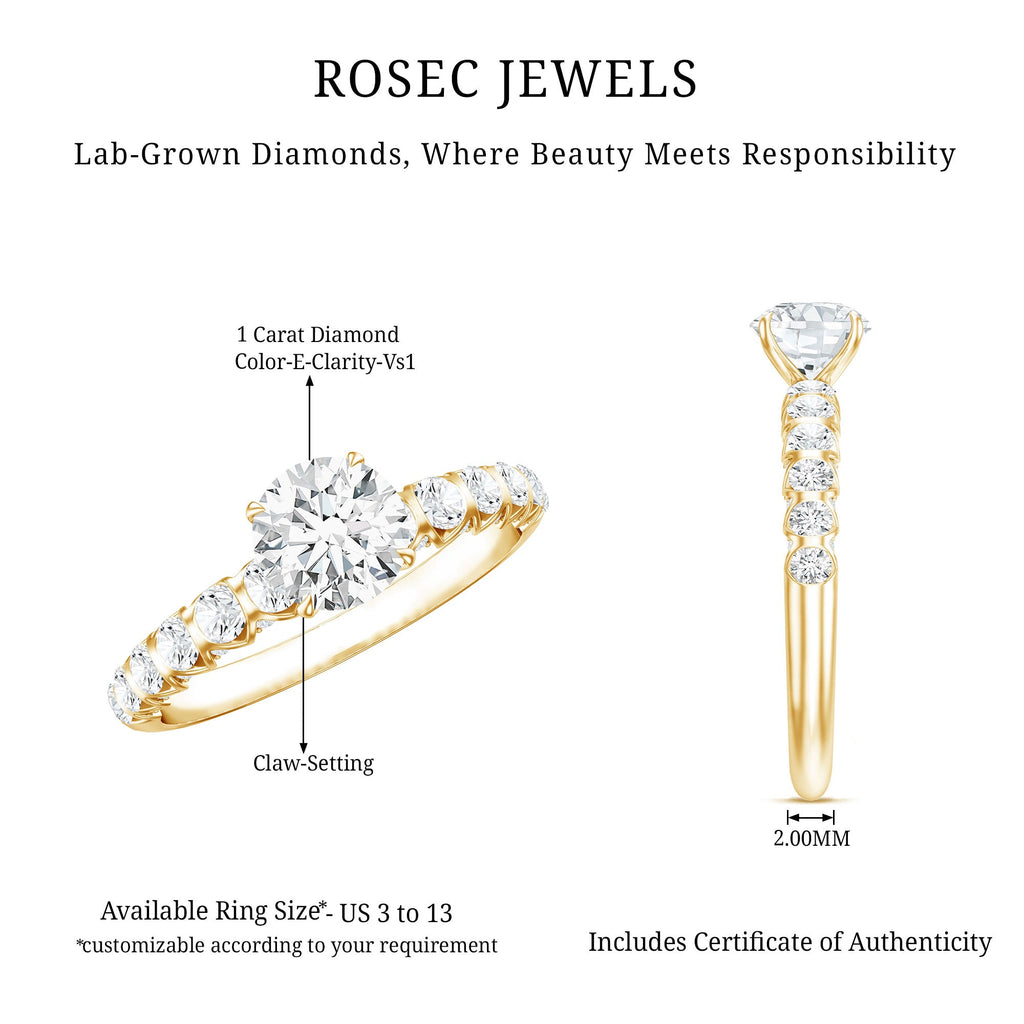 Lab Grown Diamond Ring - IGI Certified 1 Carat Round Side Stone Engagement Ring
