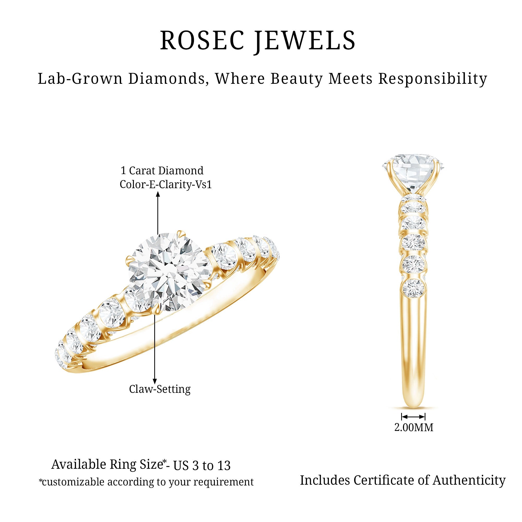 Lab Grown Diamond Ring - IGI Certified 1 Carat Round Side Stone Engagement Ring