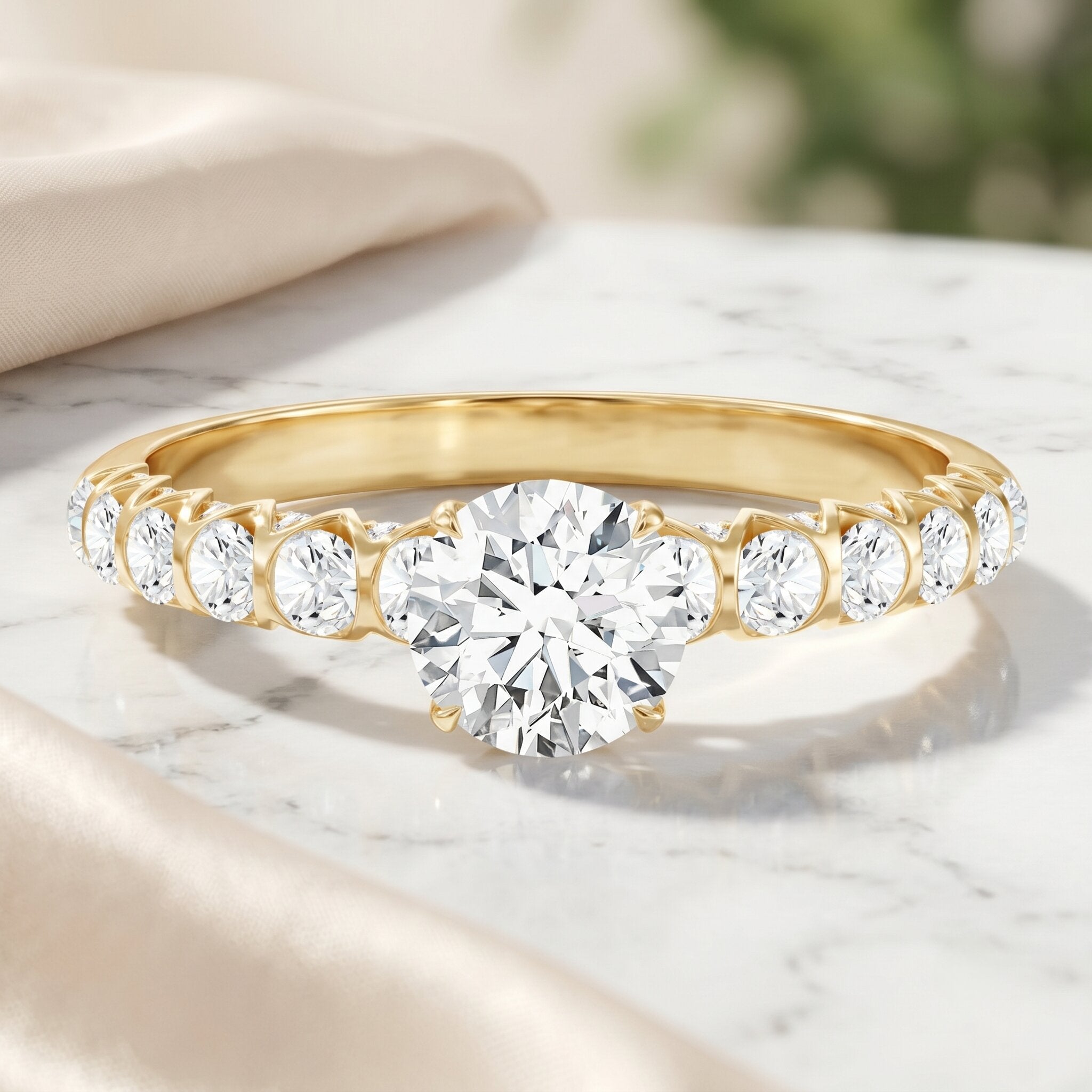 Lab Grown Diamond Ring - IGI Certified 1 Carat Round Side Stone Engagement Ring