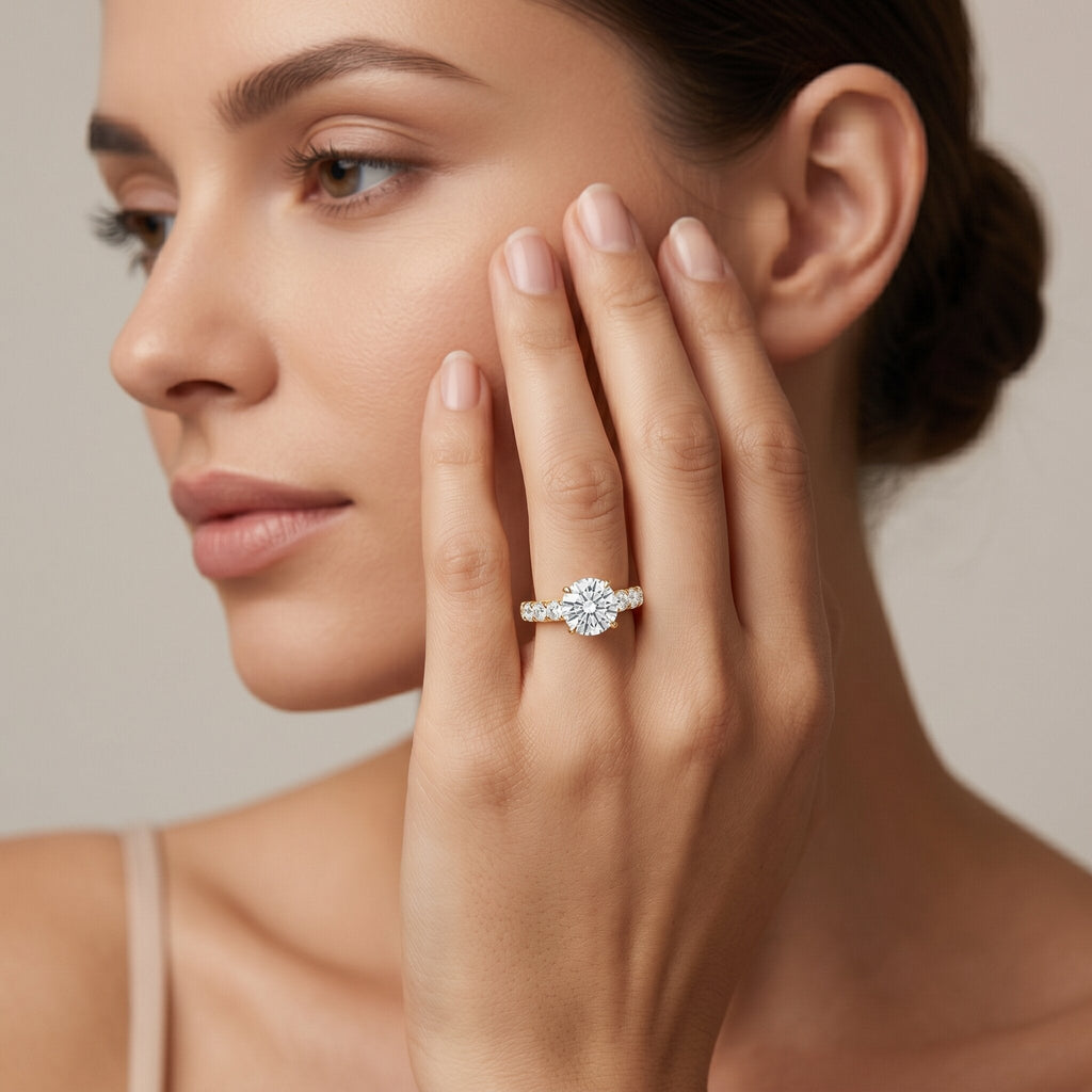 Lab Grown Diamond Ring - IGI Certified 1 Carat Round Side Stone Engagement Ring
