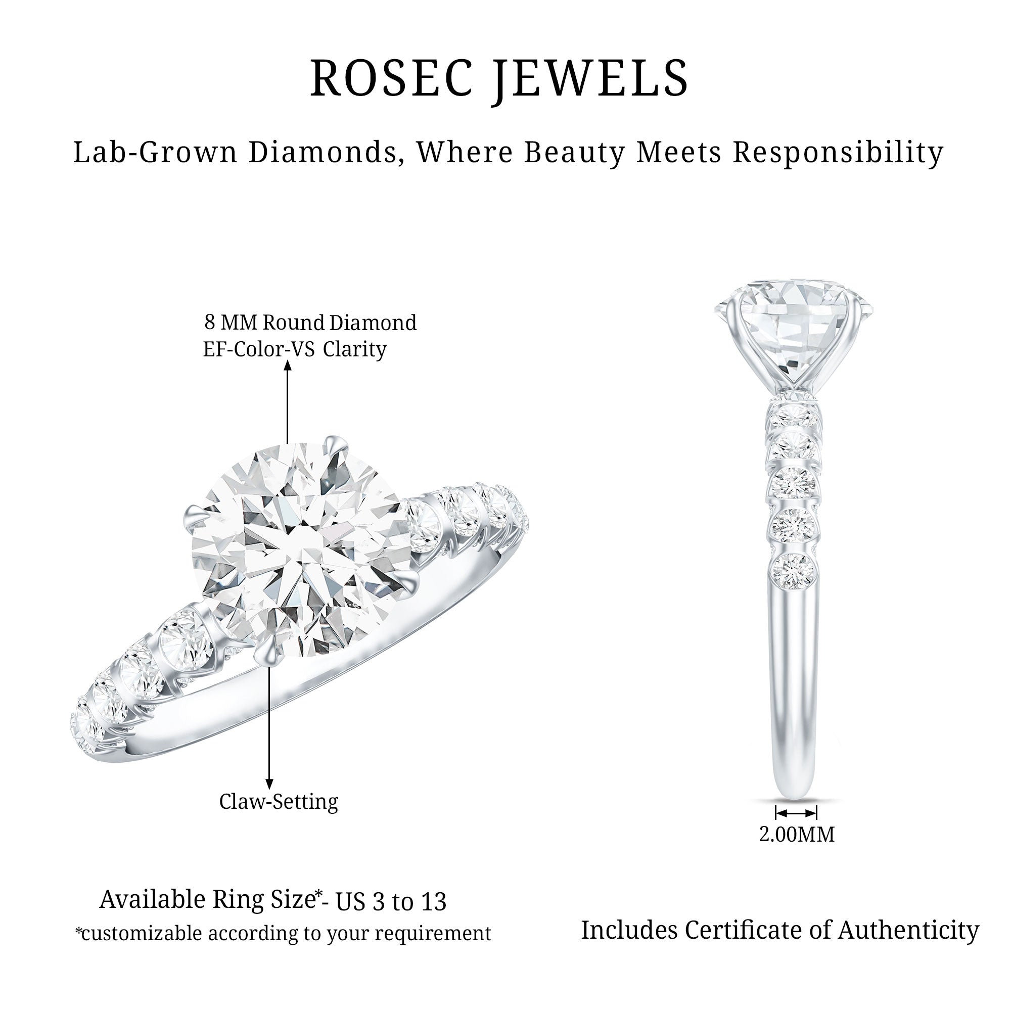 Lab Grown Diamond Ring - 2 Carat Round Engagement Ring with IGI Certificate