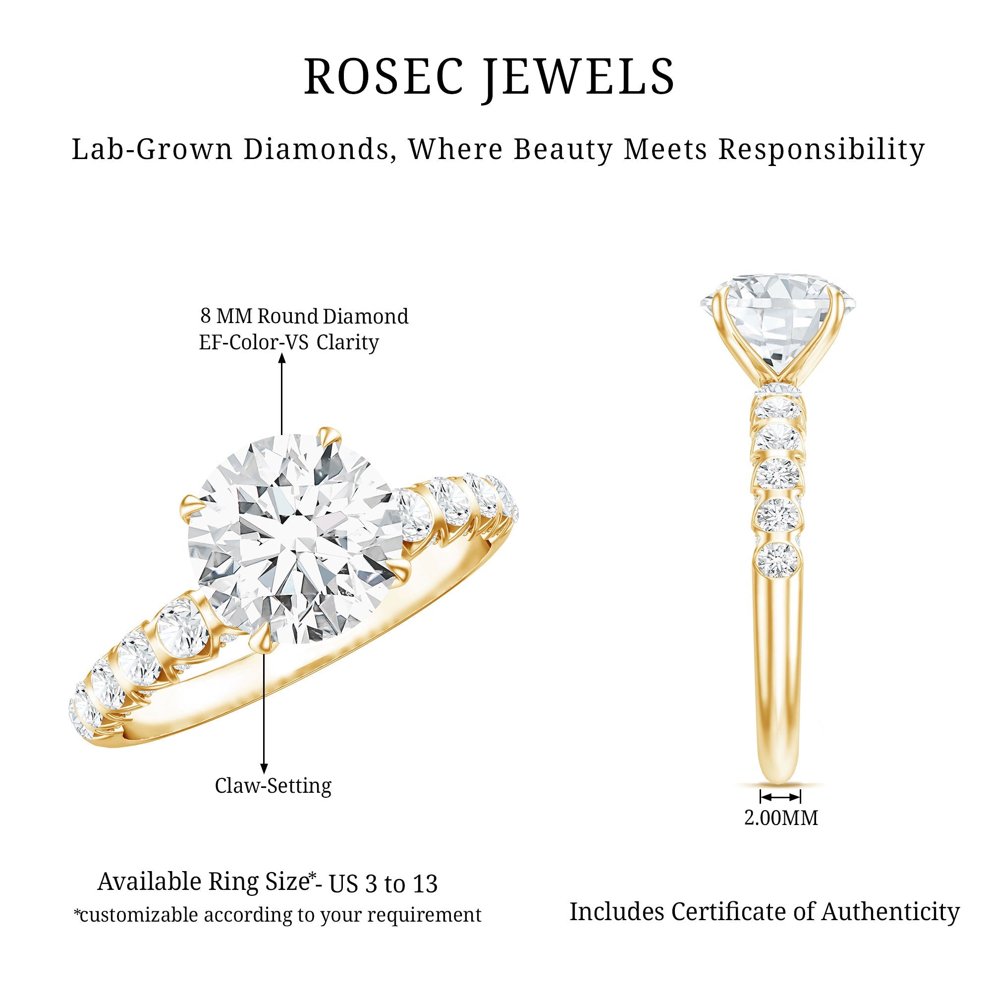 Lab Grown Diamond Ring - 2 Carat Round Engagement Ring with IGI Certificate