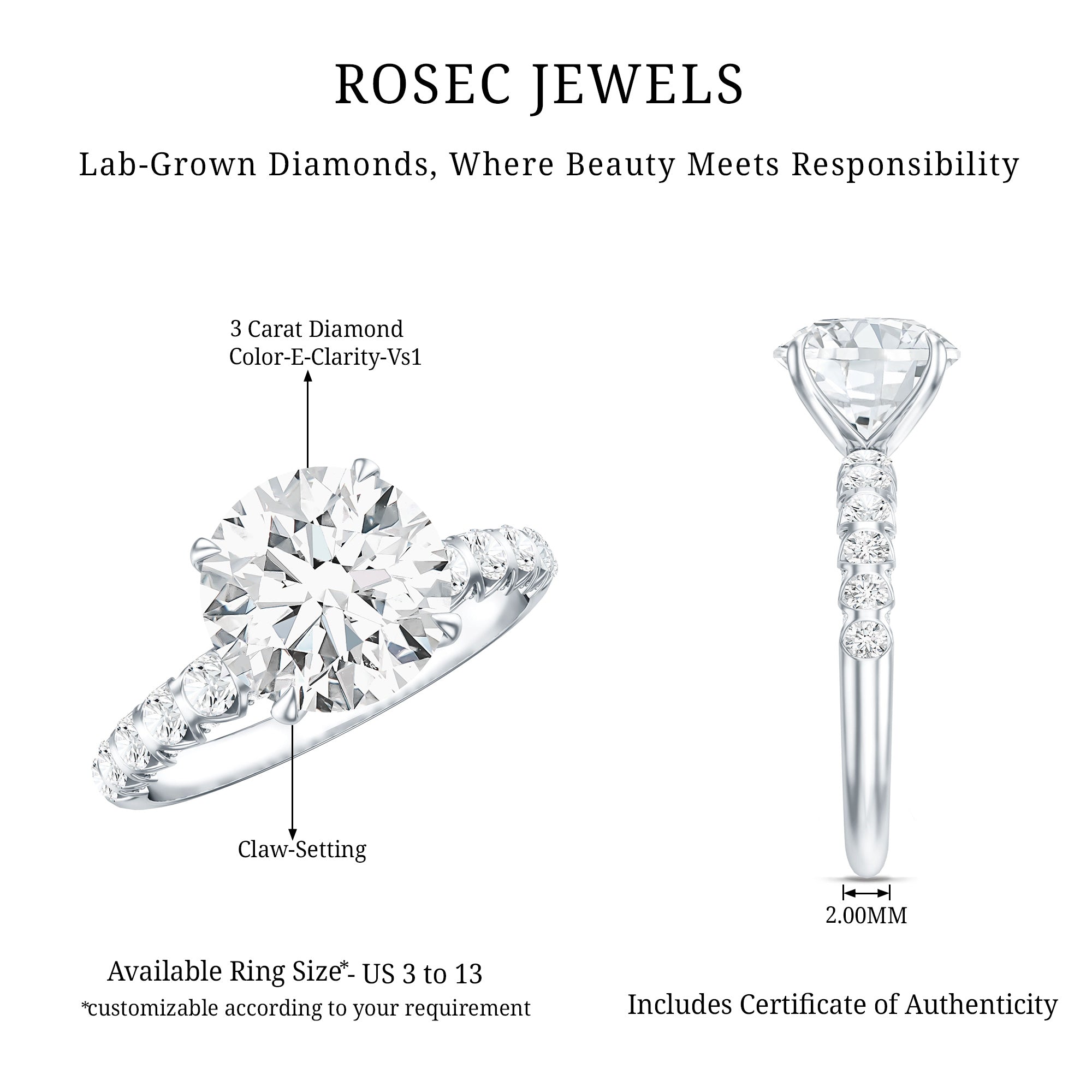 3 Carat Lab Diamond Ring - Round Cut Engagement Ring with IGI Certified Sparkle