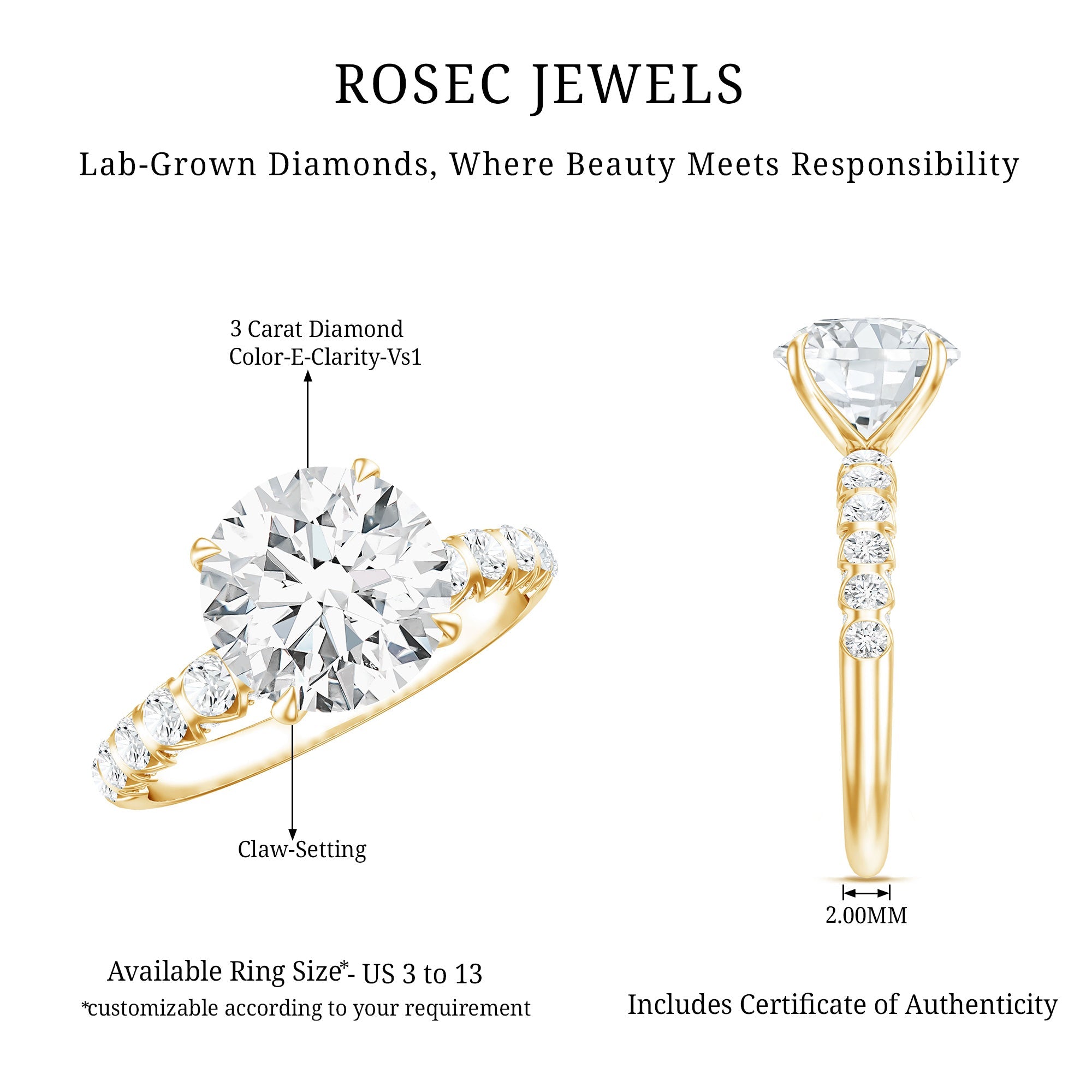 3 Carat Lab Diamond Ring - Round Cut Engagement Ring with IGI Certified Sparkle