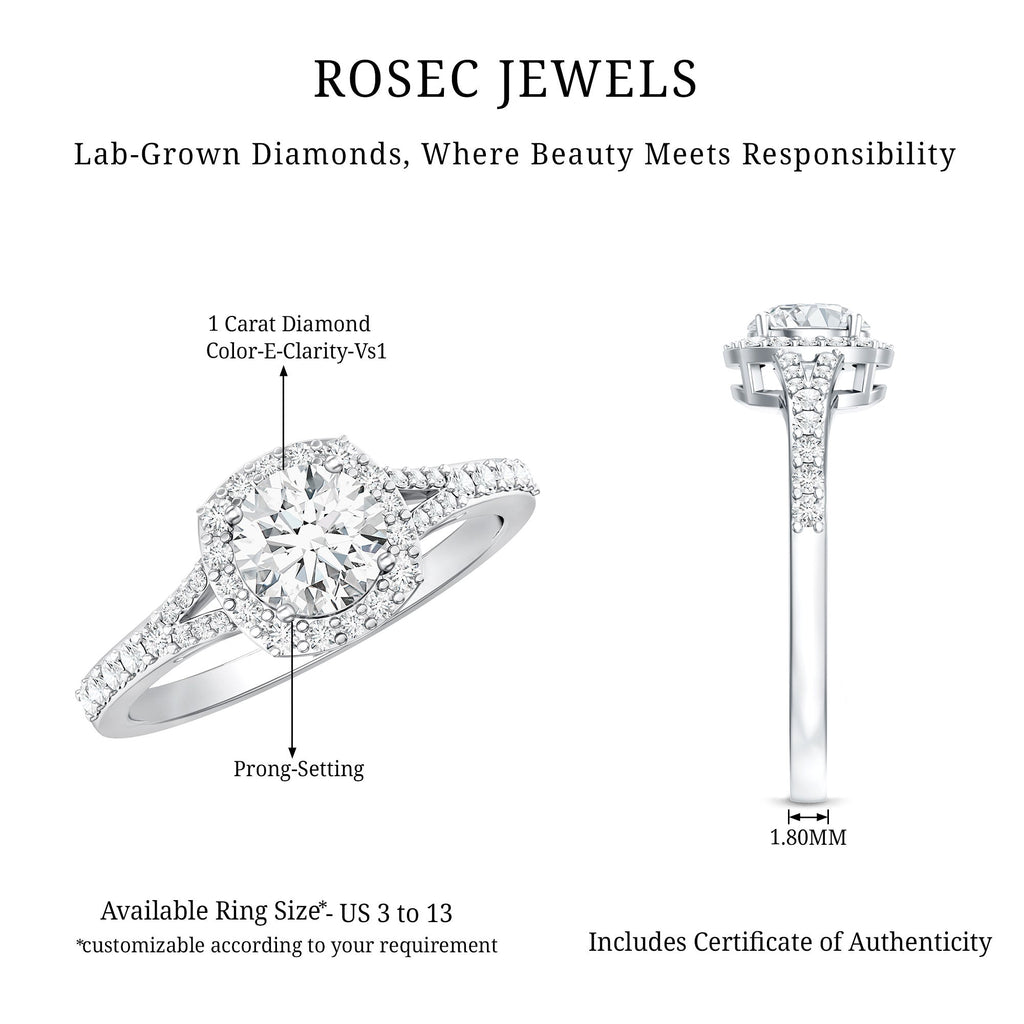 Lab Grown Diamond Ring - 1 Carat Halo Engagement Ring with Split Shank Band