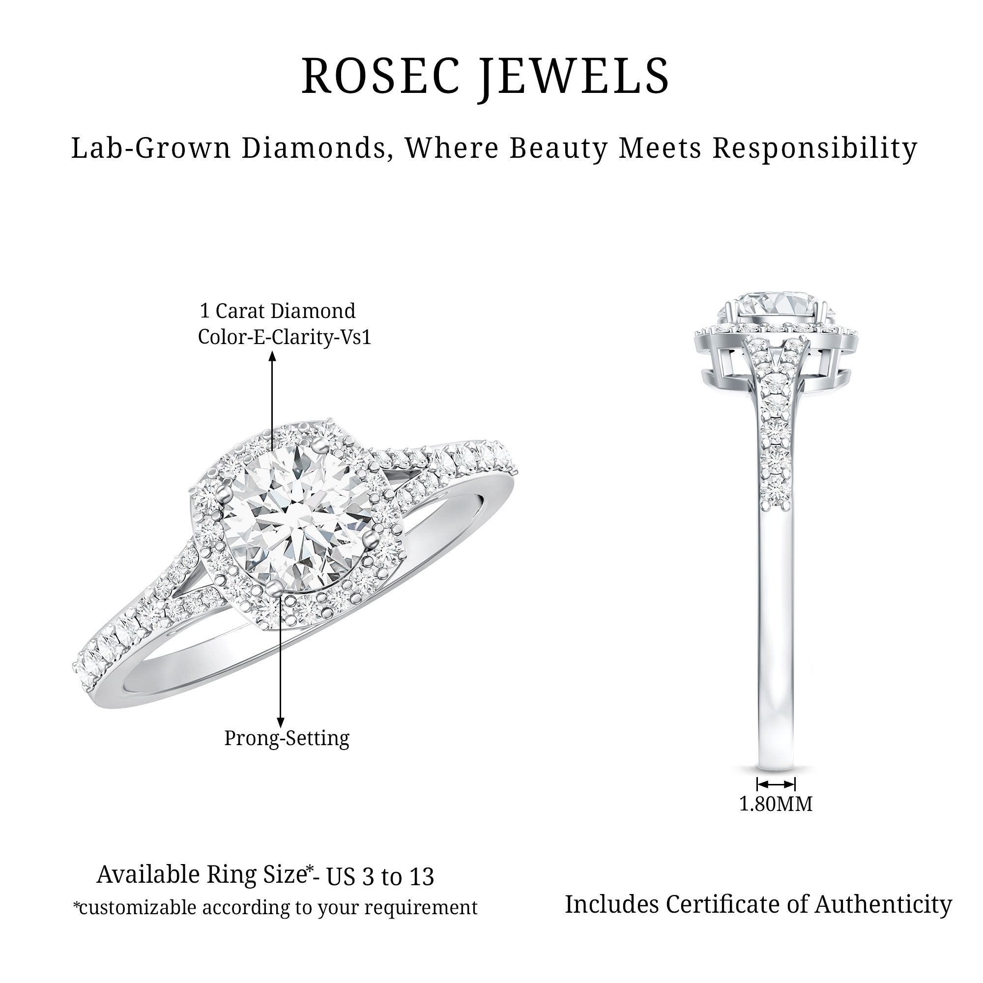 Lab Grown Diamond Ring - 1 Carat Halo Engagement Ring with Split Shank Band