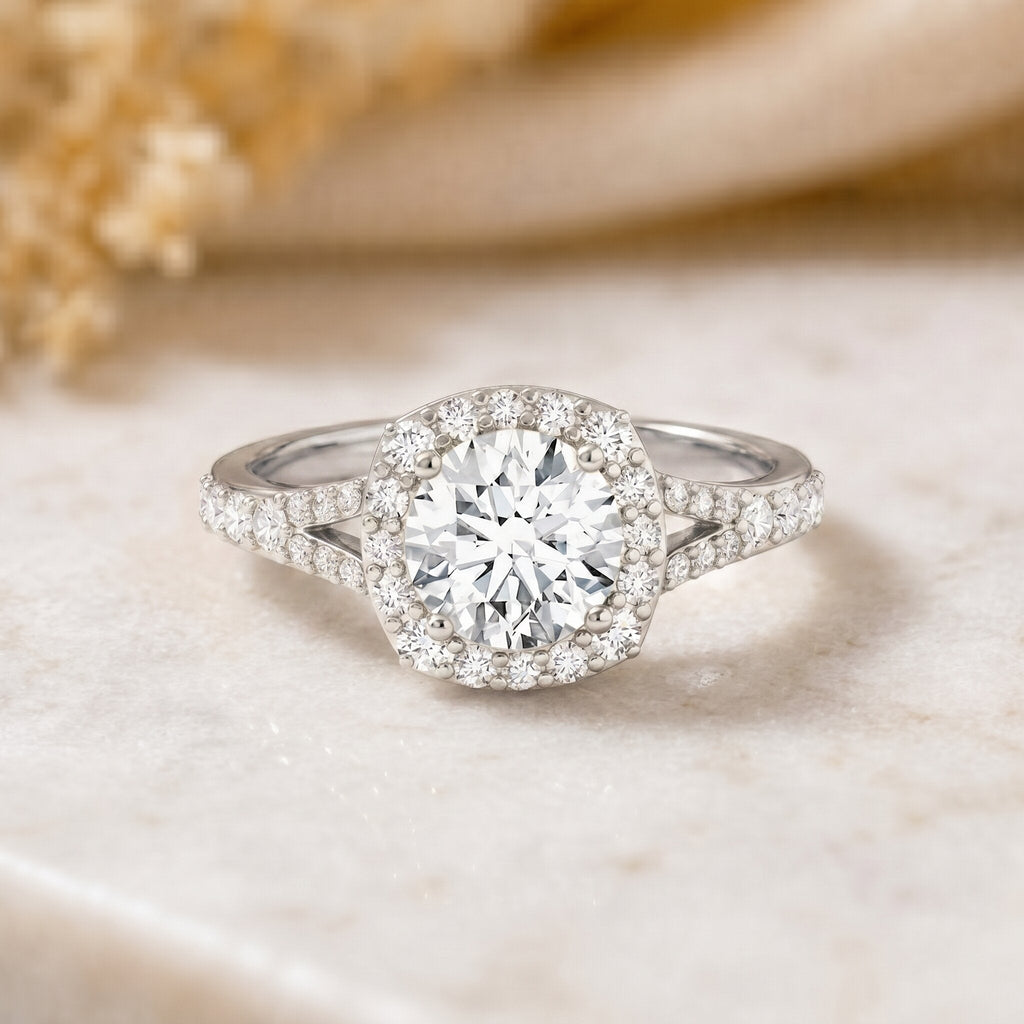 Lab Grown Diamond Ring - 1 Carat Halo Engagement Ring with Split Shank Band
