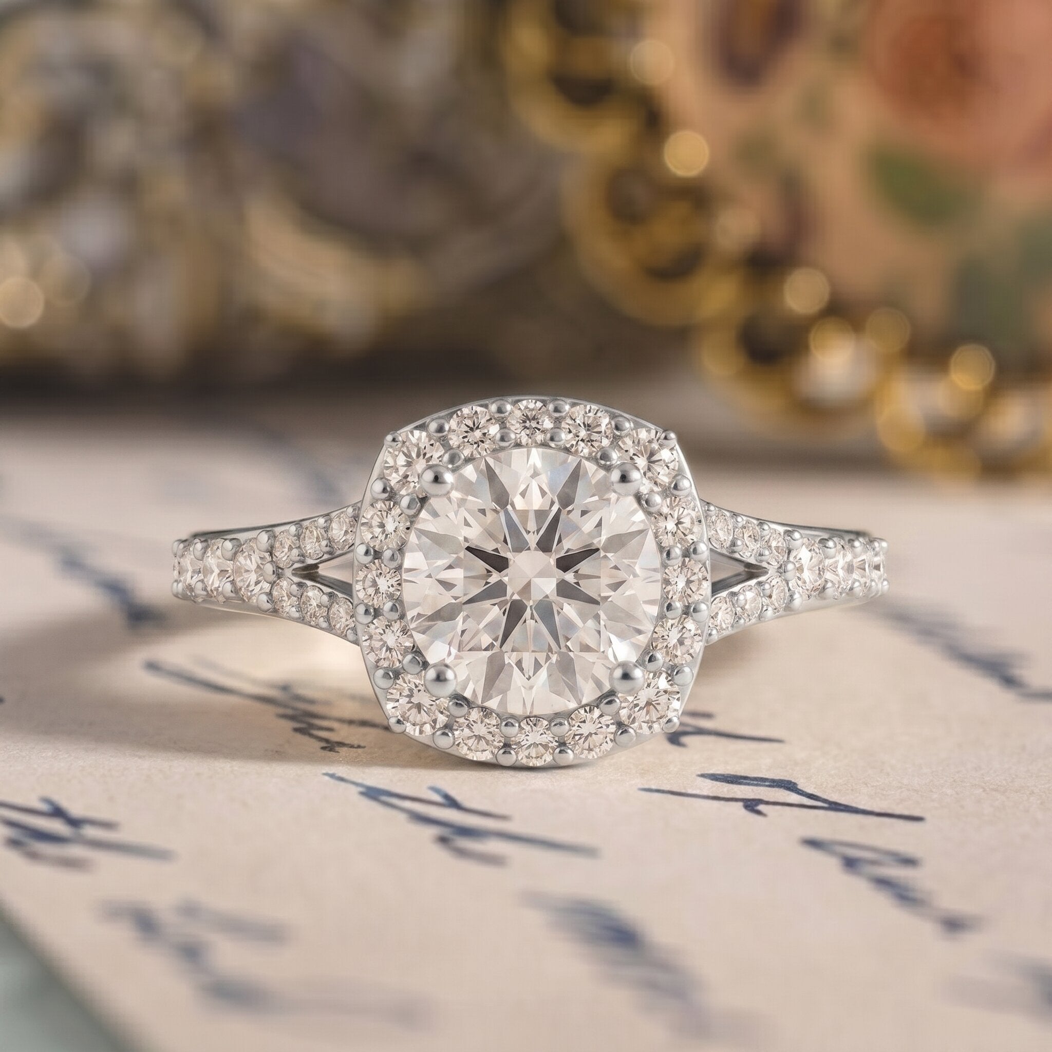 Lab Grown Diamond Ring - 1 Carat Halo Engagement Ring with Split Shank Band