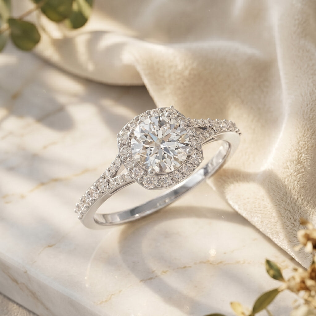 Lab Grown Diamond Ring - 1 Carat Halo Engagement Ring with Split Shank Band