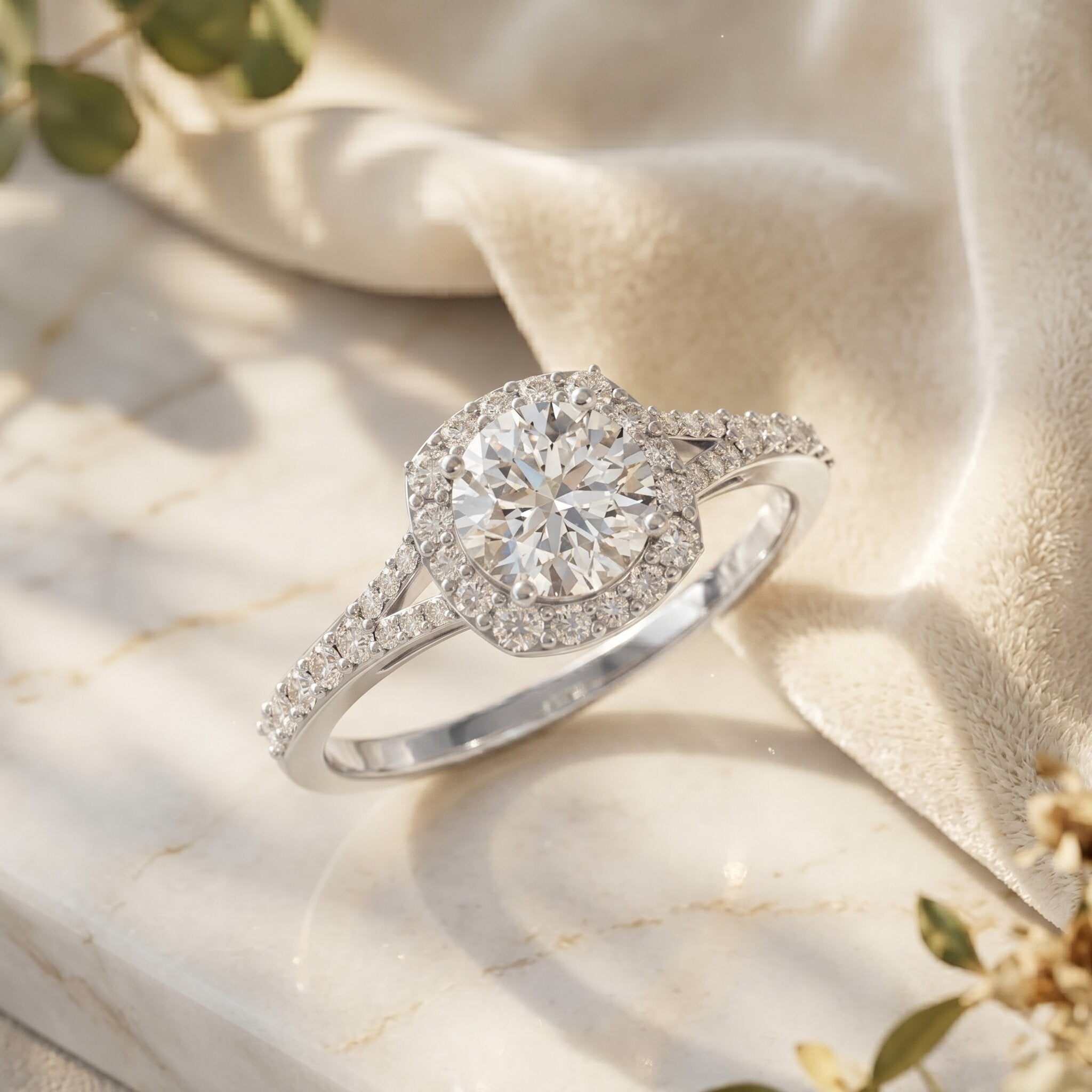 Lab Grown Diamond Ring - 1 Carat Halo Engagement Ring with Split Shank Band