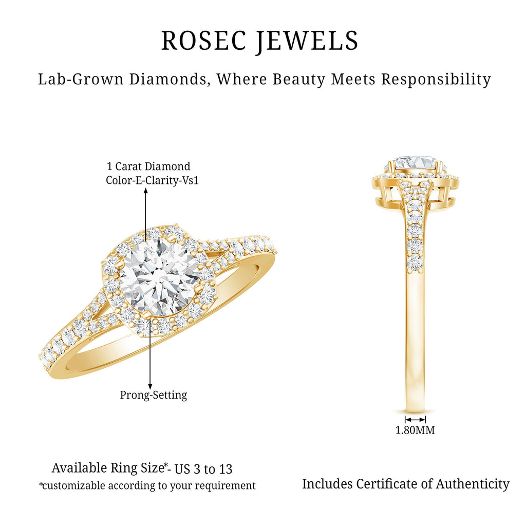 Lab Grown Diamond Ring - 1 Carat Halo Engagement Ring with Split Shank Band