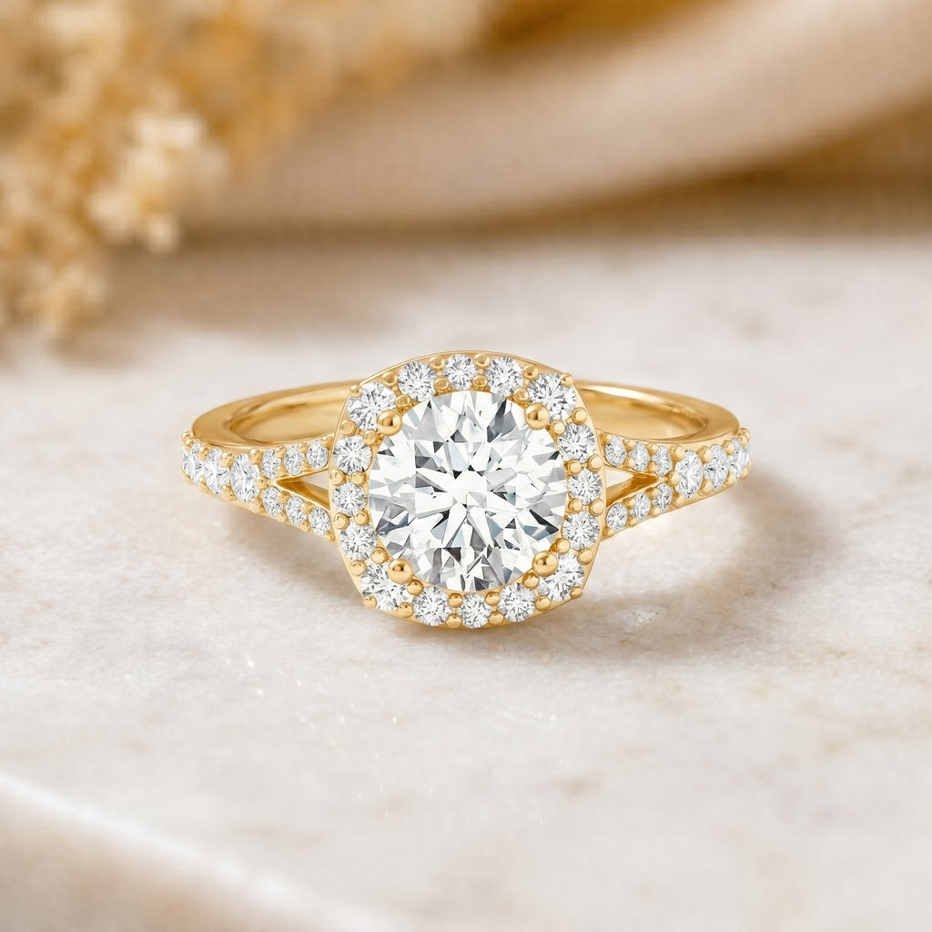 Lab Grown Diamond Ring - 1 Carat Halo Engagement Ring with Split Shank Band