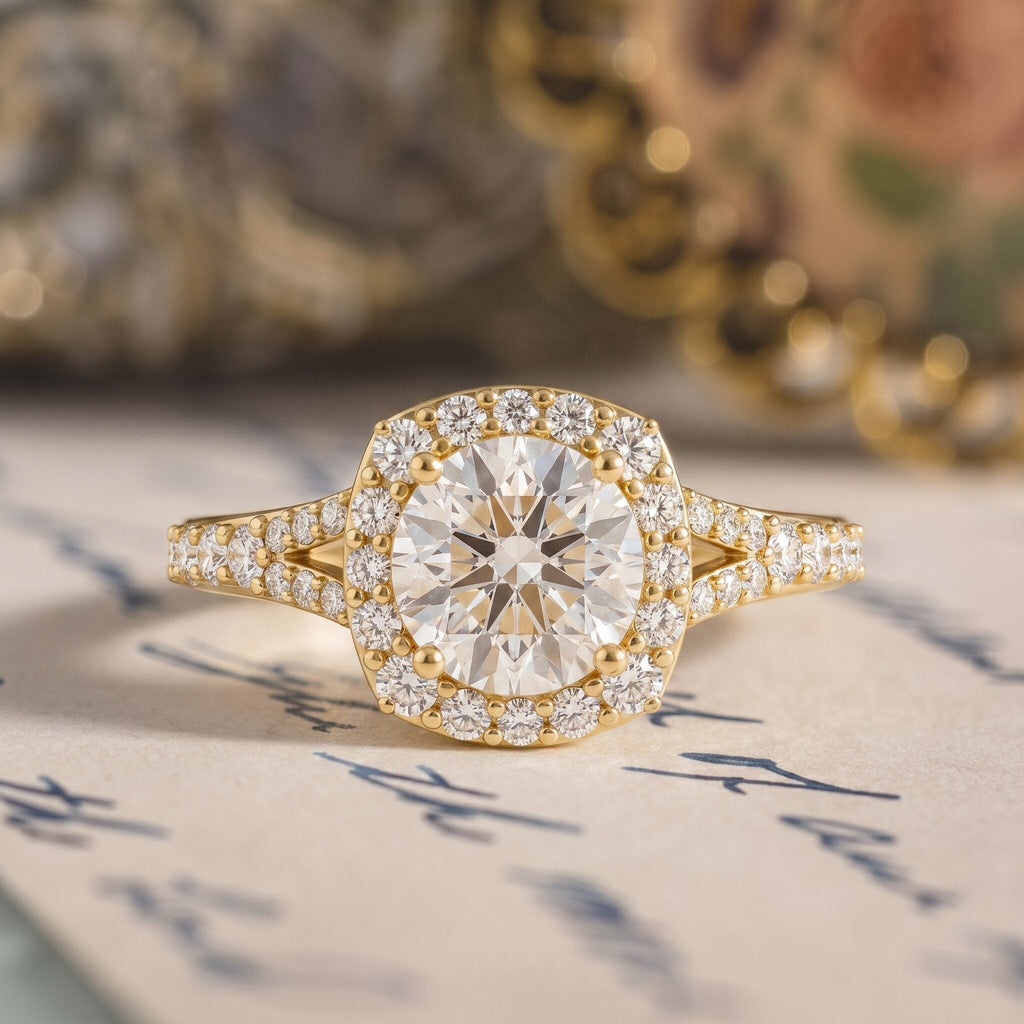 Lab Grown Diamond Ring - 1 Carat Halo Engagement Ring with Split Shank Band