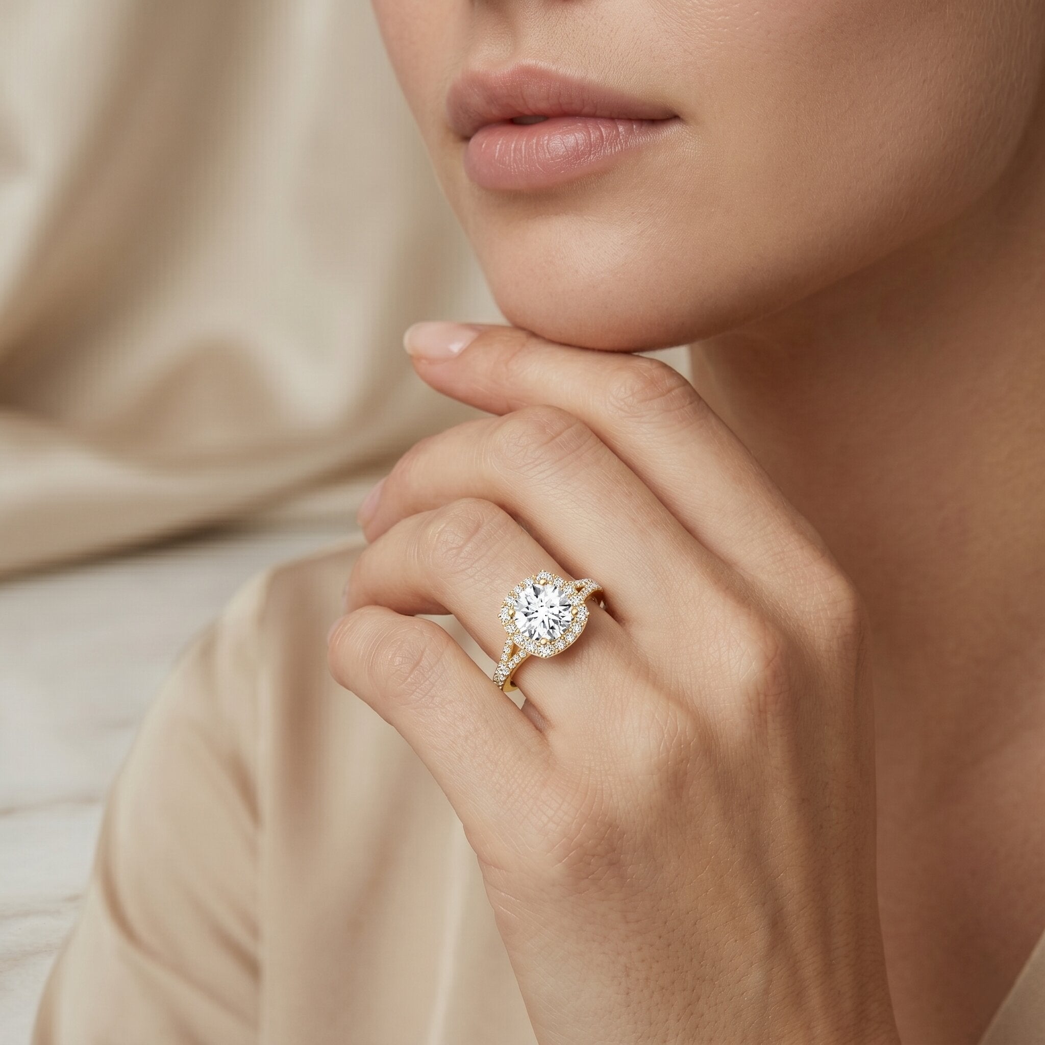 Lab Grown Diamond Ring - 1 Carat Halo Engagement Ring with Split Shank Band