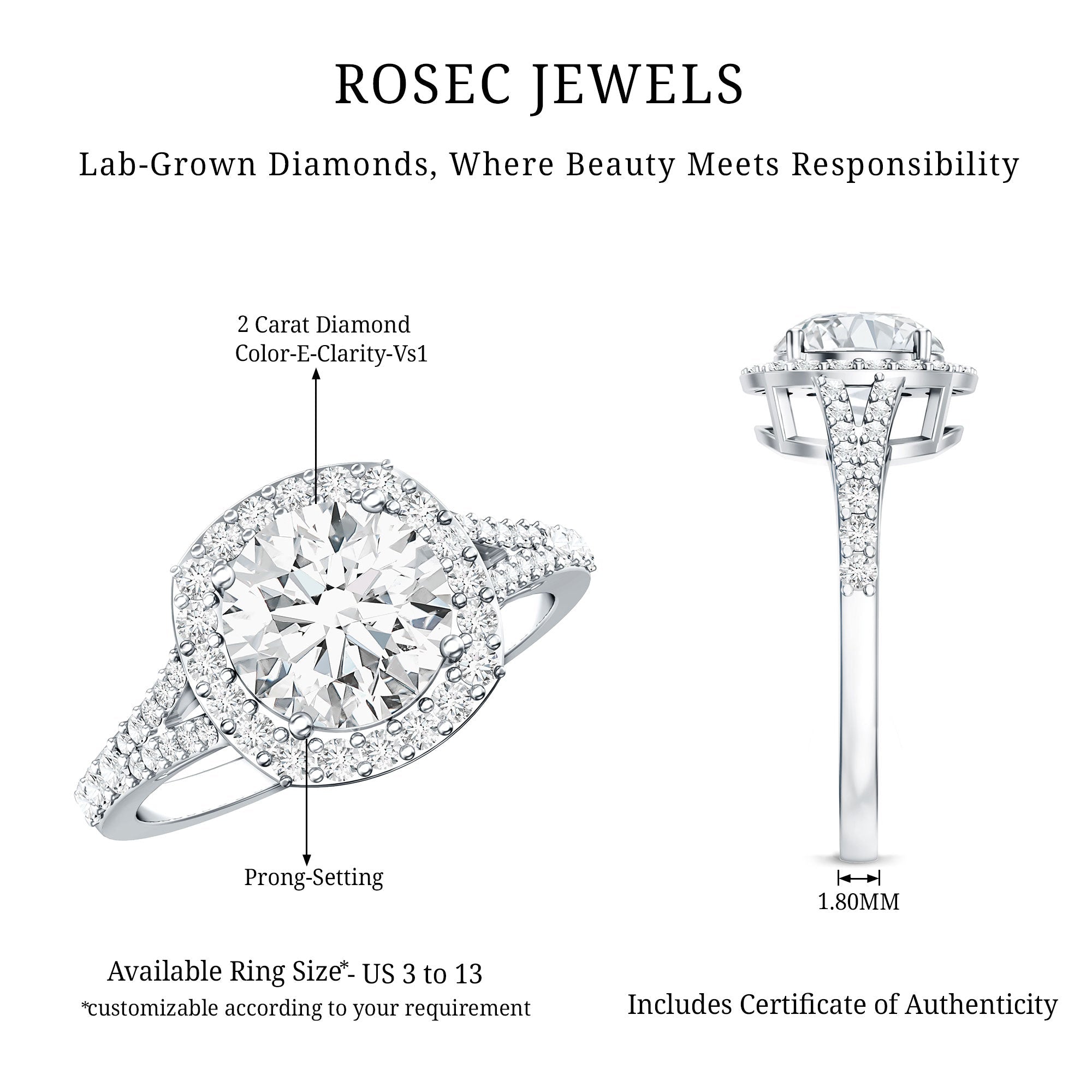 Lab Grown Diamond Ring - 2 Carat Round Cut Halo Engagement Ring with Split Shank