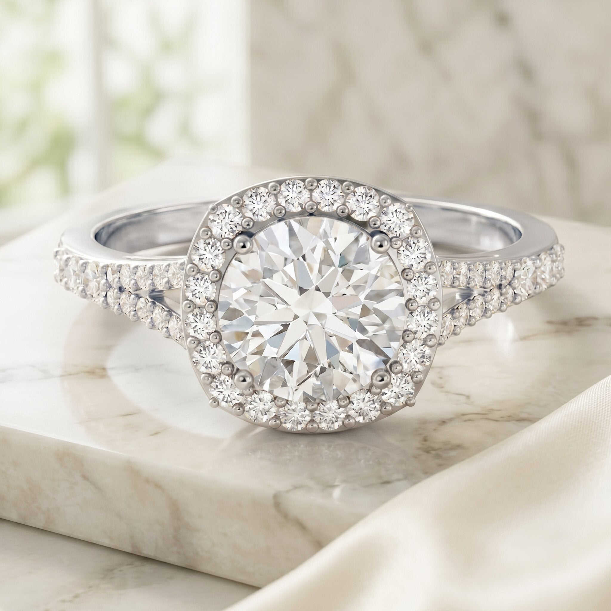 Lab Grown Diamond Ring - 2 Carat Round Cut Halo Engagement Ring with Split Shank