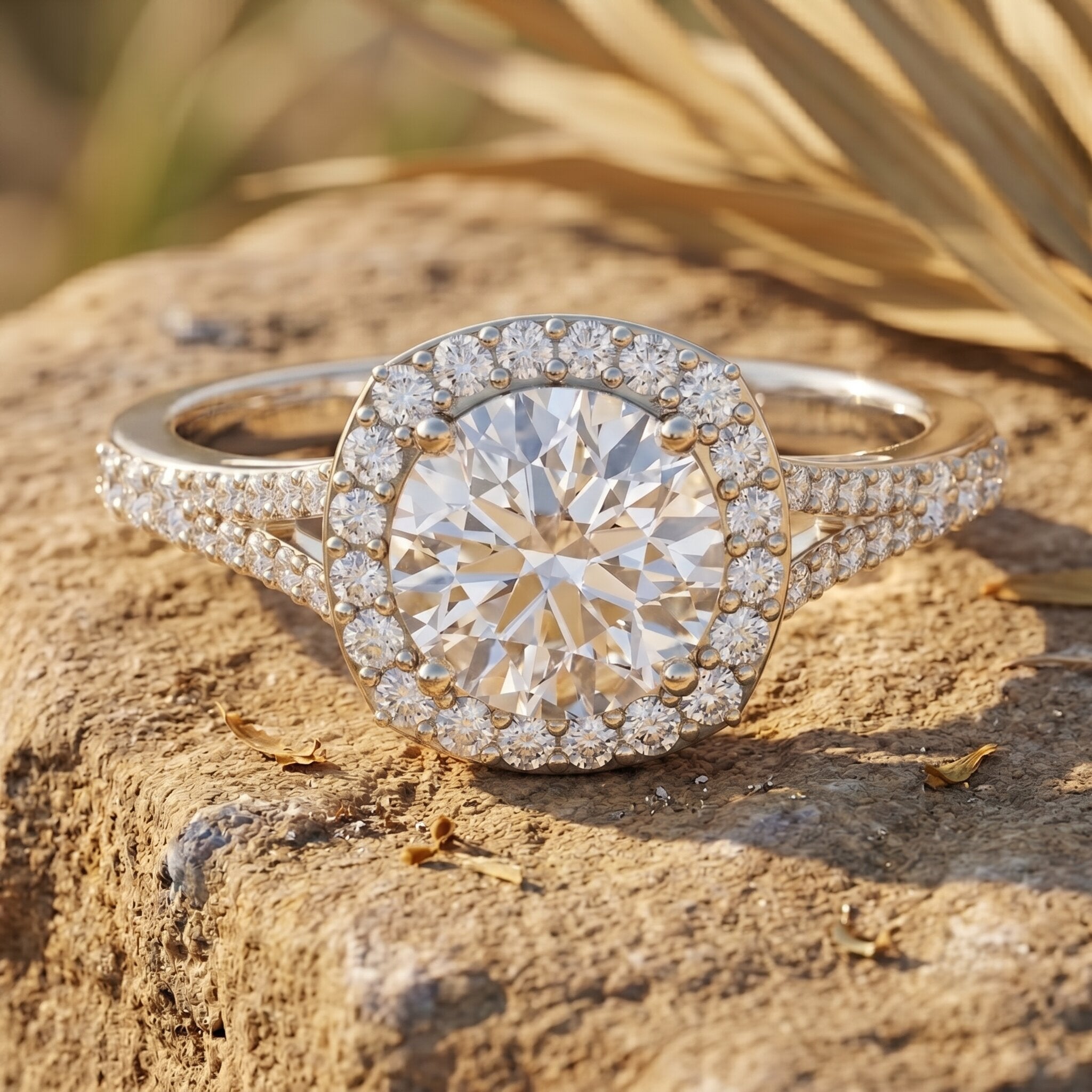 Lab Grown Diamond Ring - 2 Carat Round Cut Halo Engagement Ring with Split Shank