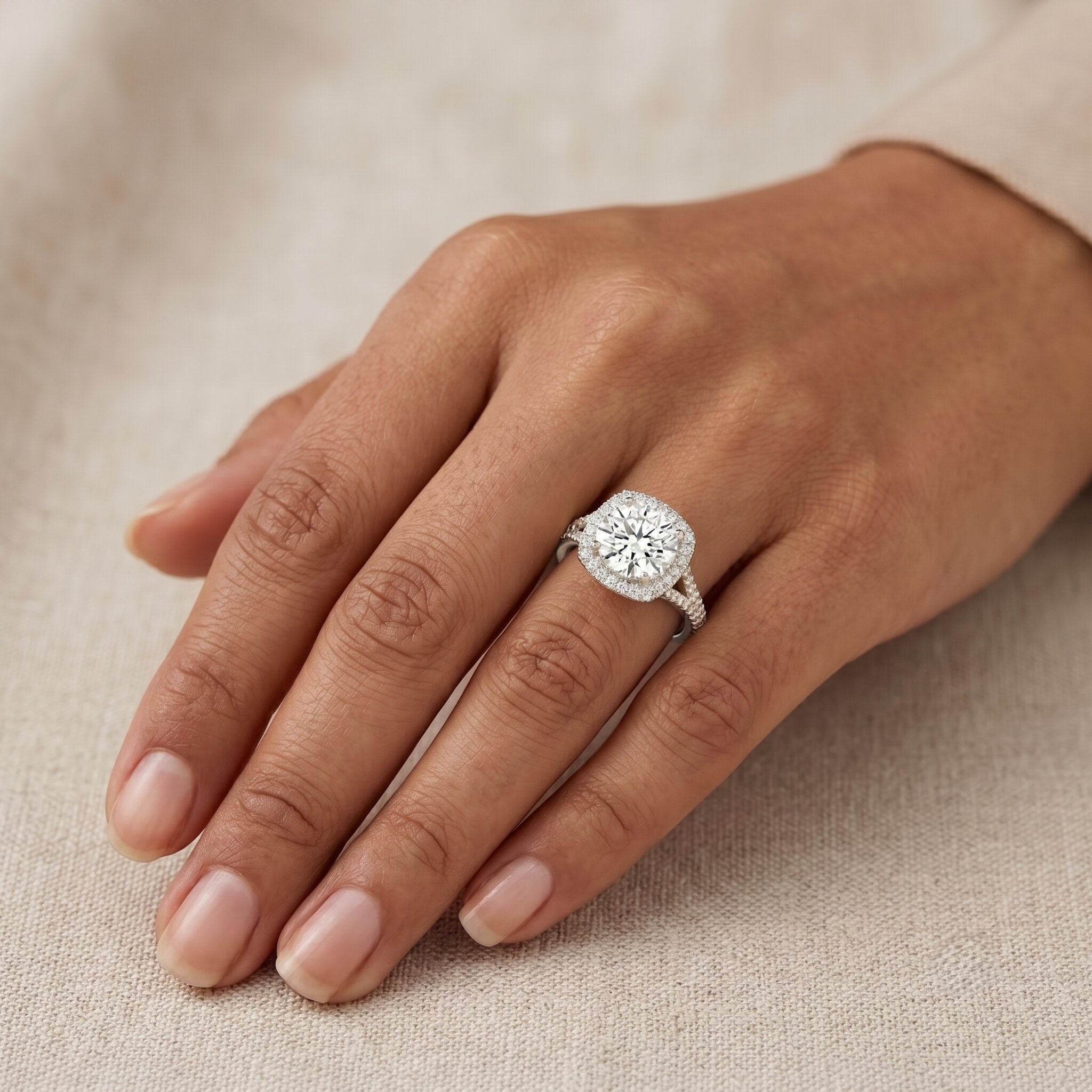 Lab Grown Diamond Ring - 2 Carat Round Cut Halo Engagement Ring with Split Shank