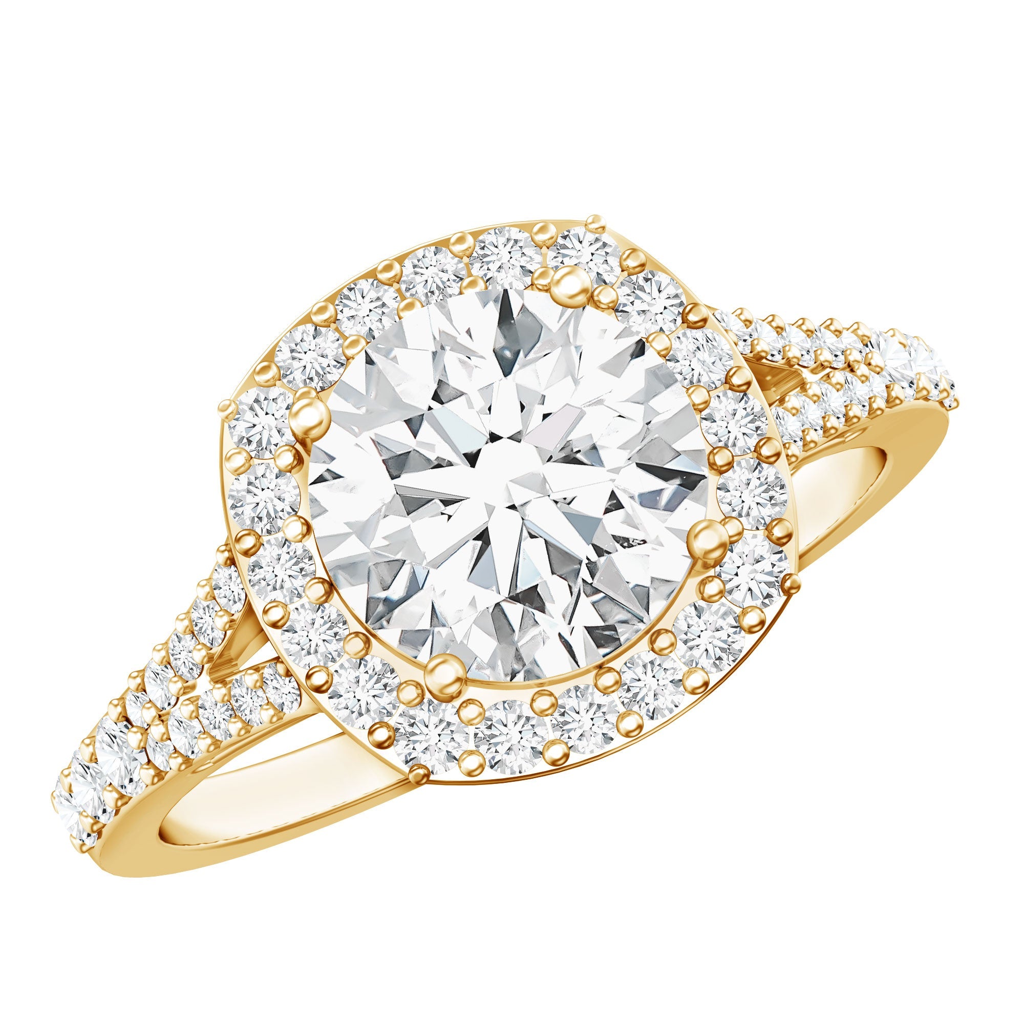 Lab Grown Diamond Ring - 2 Carat Round Cut Halo Engagement Ring with Split Shank
