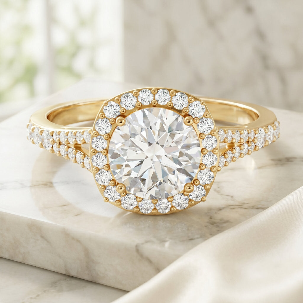 Lab Grown Diamond Ring - 2 Carat Round Cut Halo Engagement Ring with Split Shank
