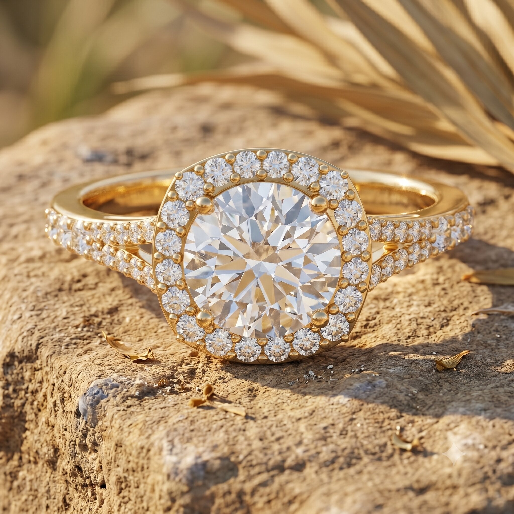 Lab Grown Diamond Ring - 2 Carat Round Cut Halo Engagement Ring with Split Shank