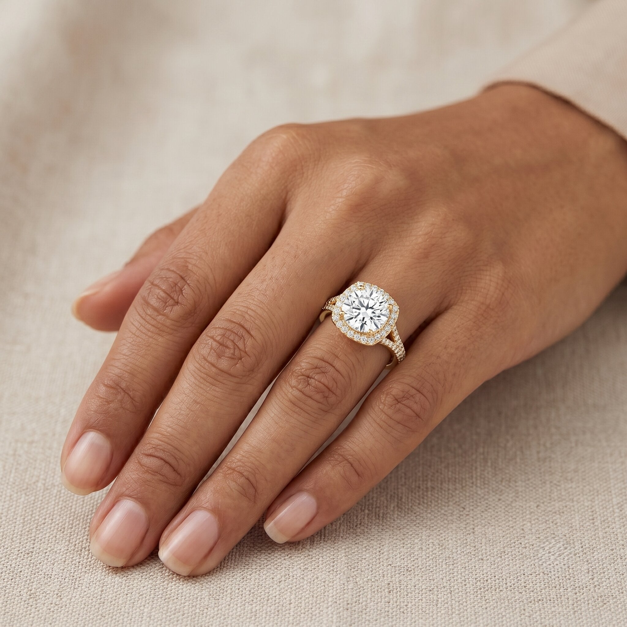 Lab Grown Diamond Ring - 2 Carat Round Cut Halo Engagement Ring with Split Shank