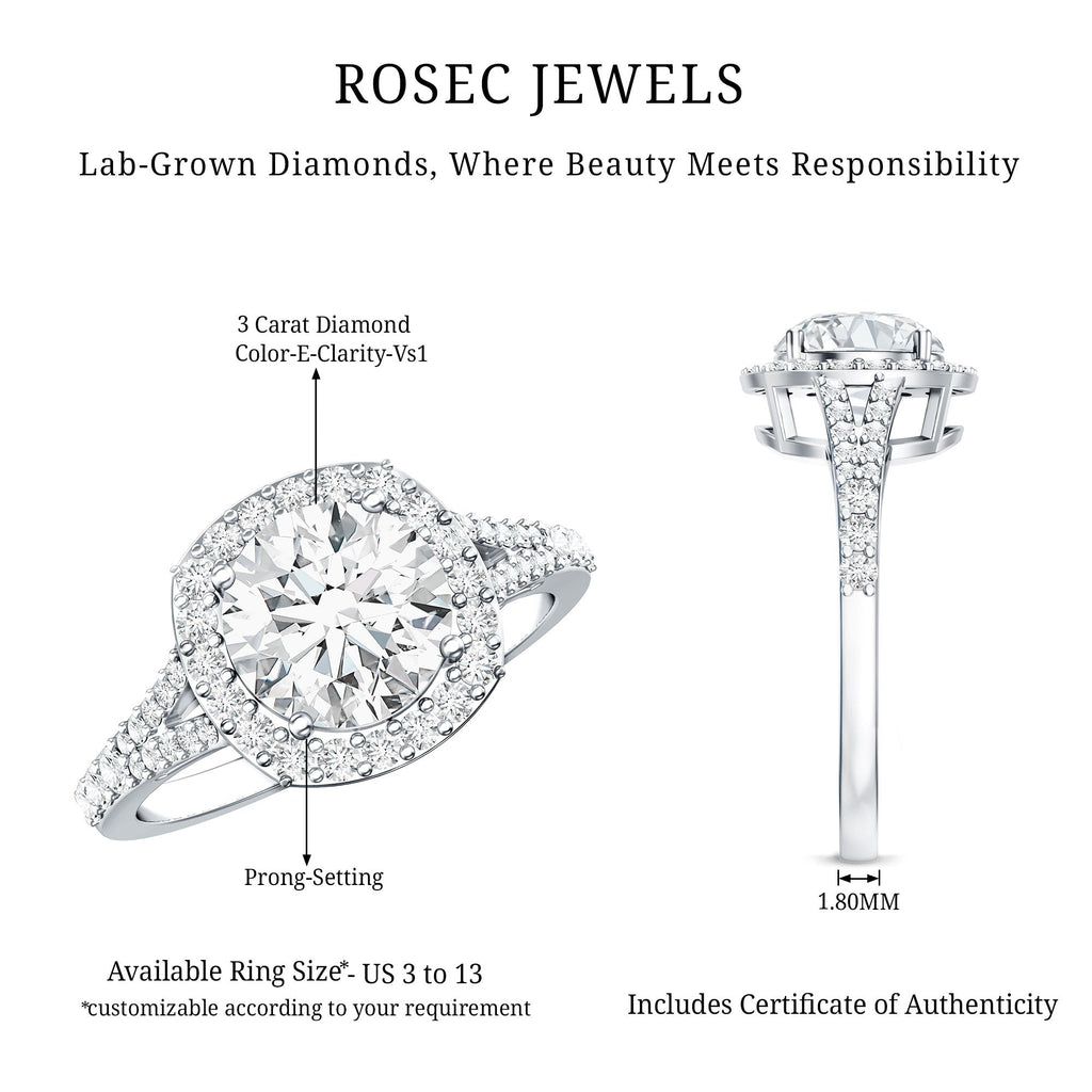 Lab Grown Diamond Ring - 3 Carat Round Cut Engagement Ring with Split Shank Band